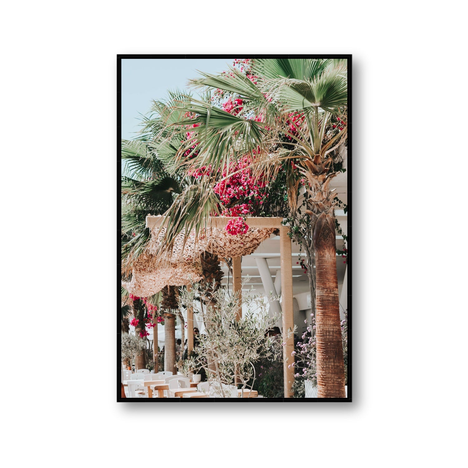 Palm Trees Mykonos Greek island wall art Gallery fine art canvas in black float frame