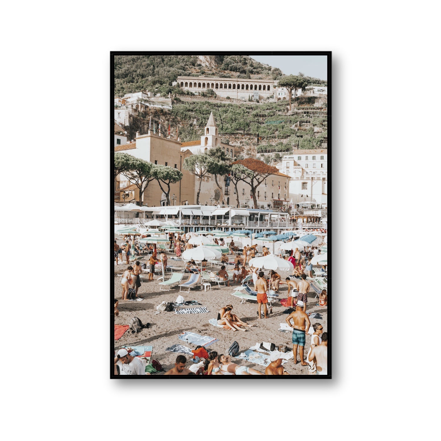 Festa In Spiaggia Amalfi coastal wall art Gallery fine art canvas in black float frame