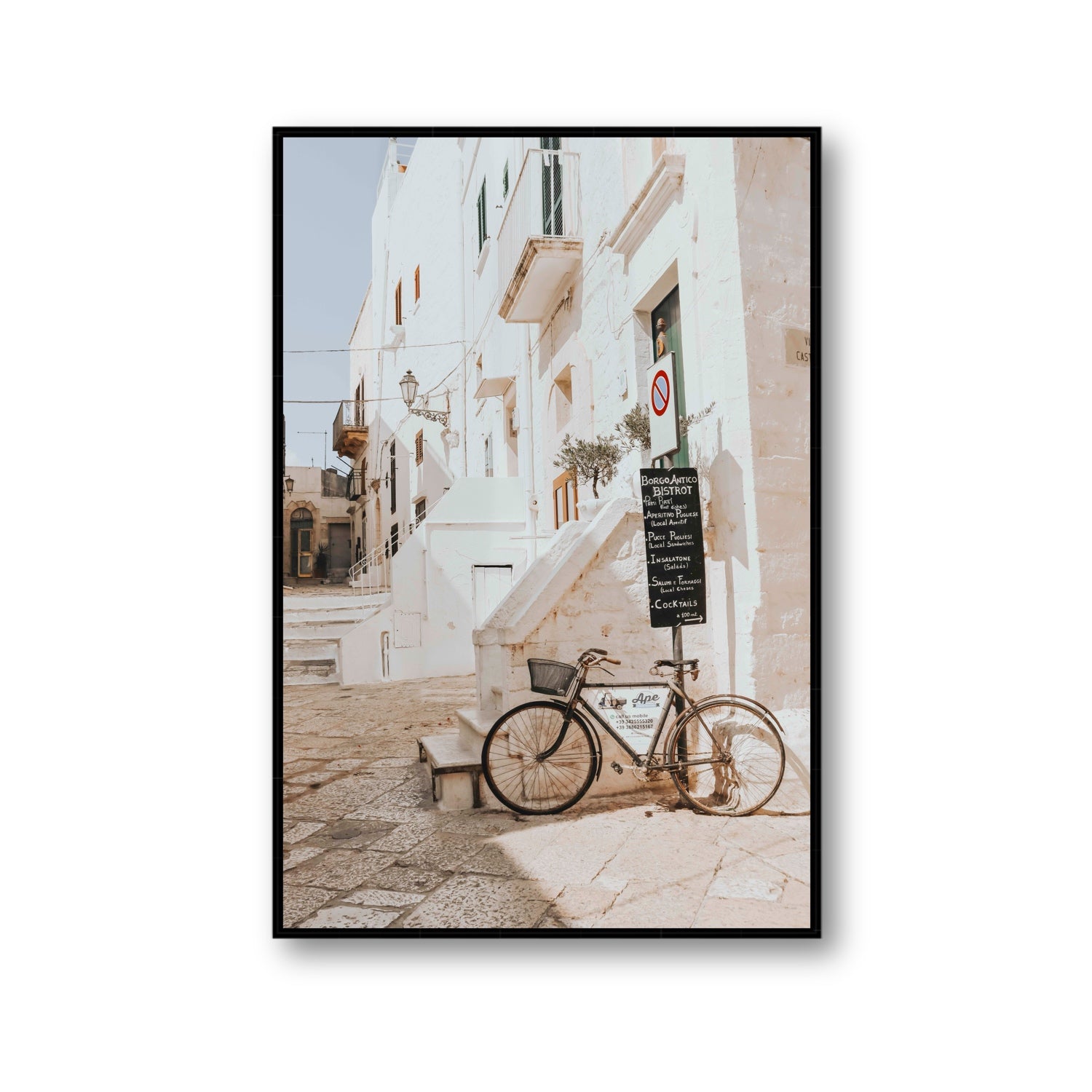 La Bicicletta Puglia Ostuni wall art Gallery fine art canvas in black float frame