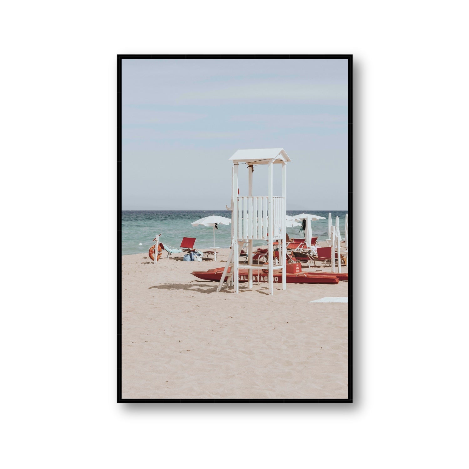 Barefoot Bliss Puglia beach Italian coastal decor wall art Gallery fine art canvas in black float frame