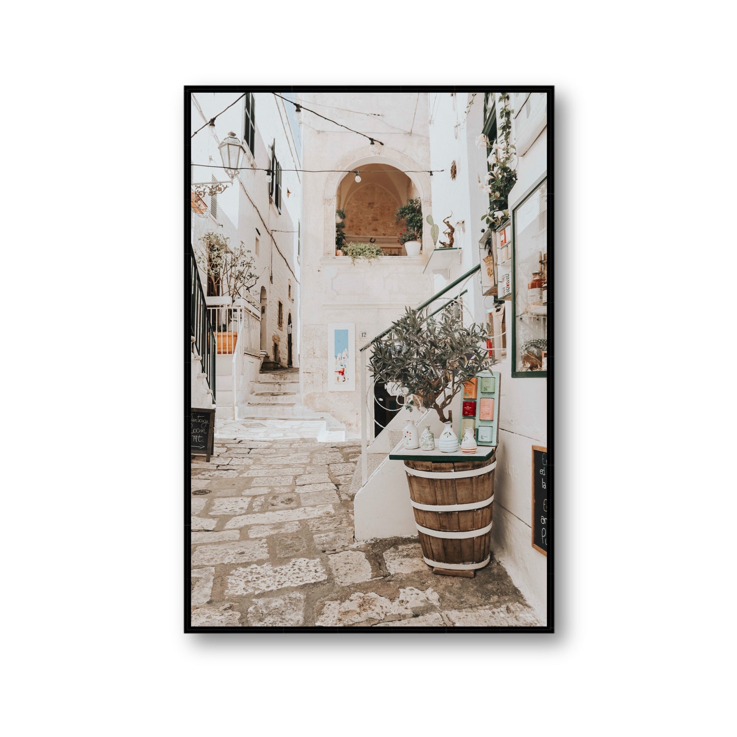 Olive Tree Lane Puglia Ostuni Mediterranean decor wall art Gallery fine art canvas in black float frame