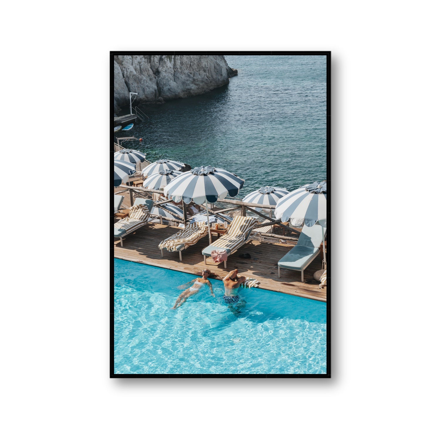 I'm Busy Ischia Italian coastal Mediterranean wall art Gallery fine art canvas in black float frame