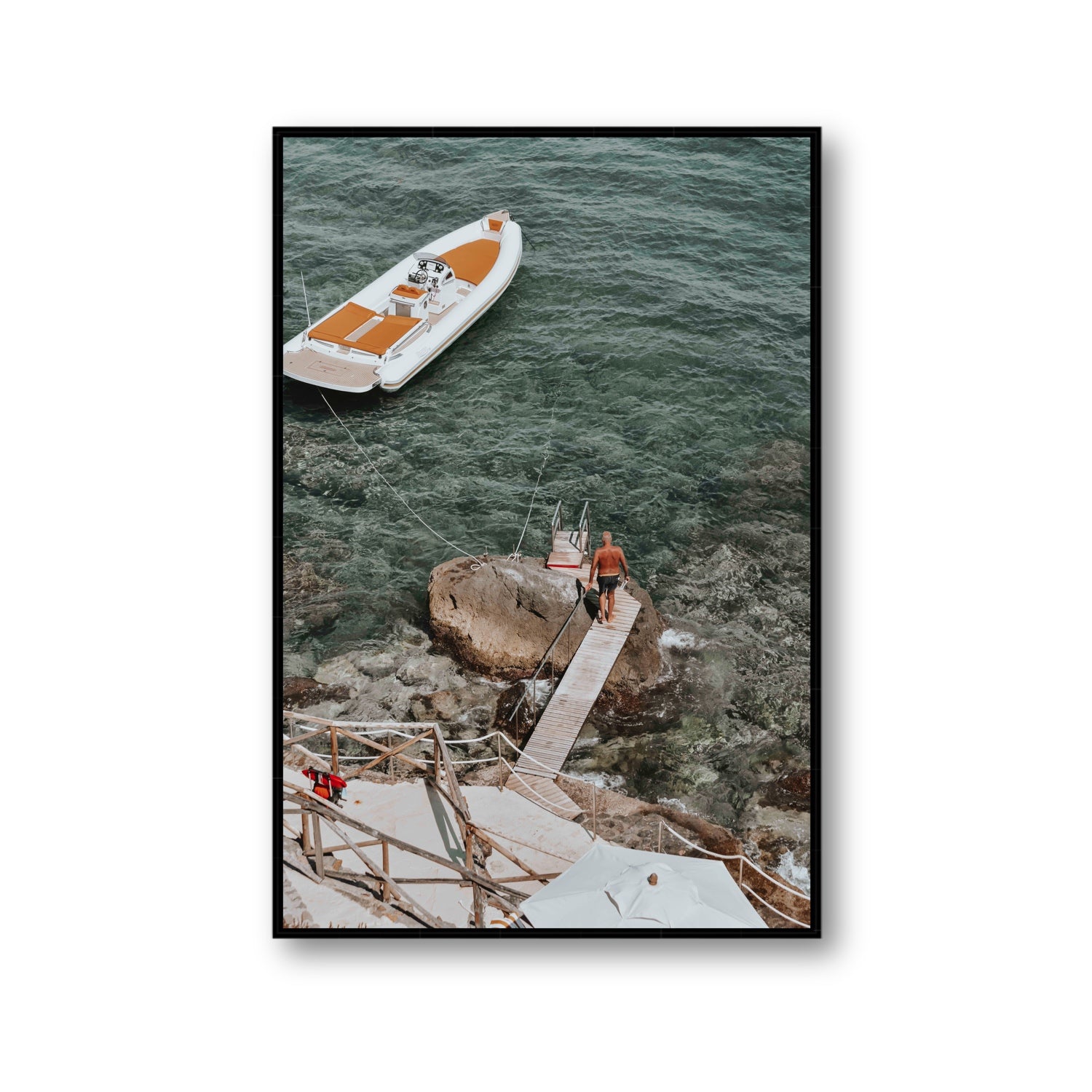 Secret Cove Tuscany coastal Italian wall art Gallery fine art canvas in black float frame