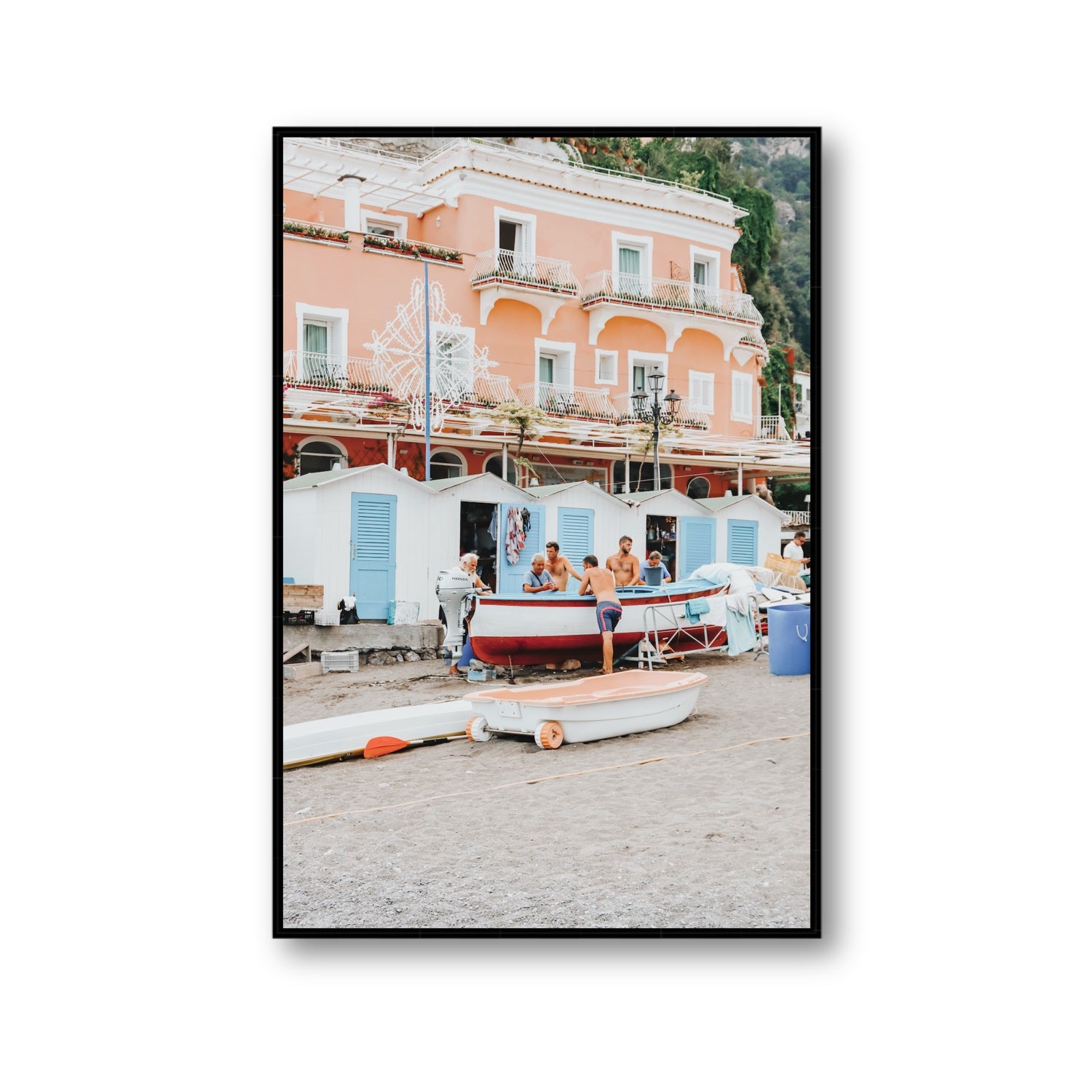 La Riunione della Mattina fine art print, Positano, Italy, Gallery, Black Float Frame, Fine Art Canvas