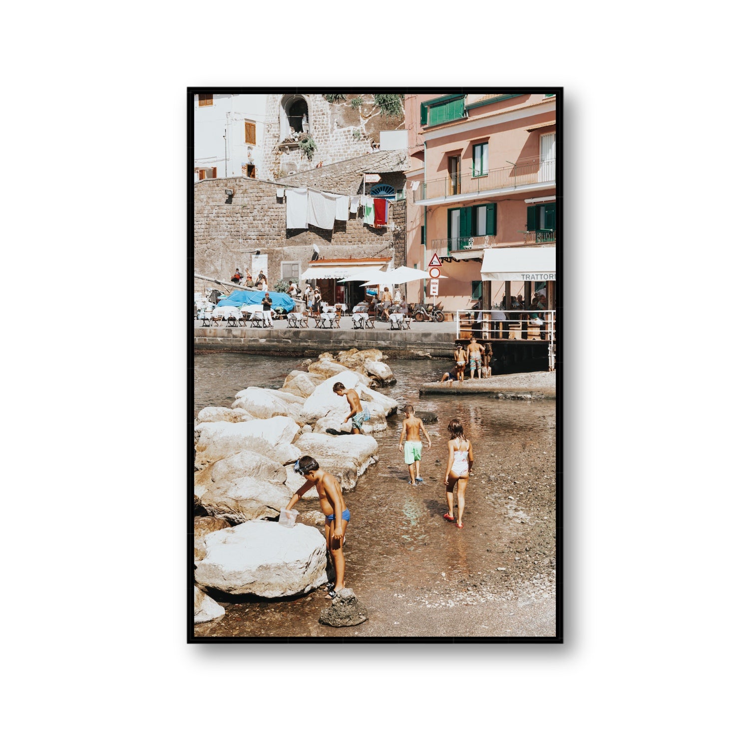 The Beachcombers Sorrento beach coastal wall art Gallery fine art canvas in black float frame