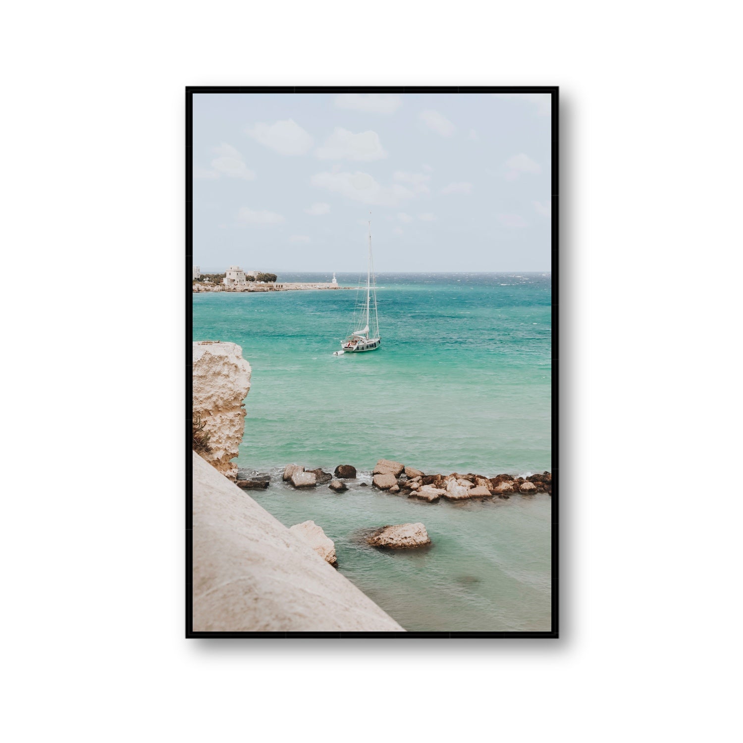 Seafarer's Dream Puglia Seafarer’s Dream coastal wall art Gallery fine art canvas in black float frame