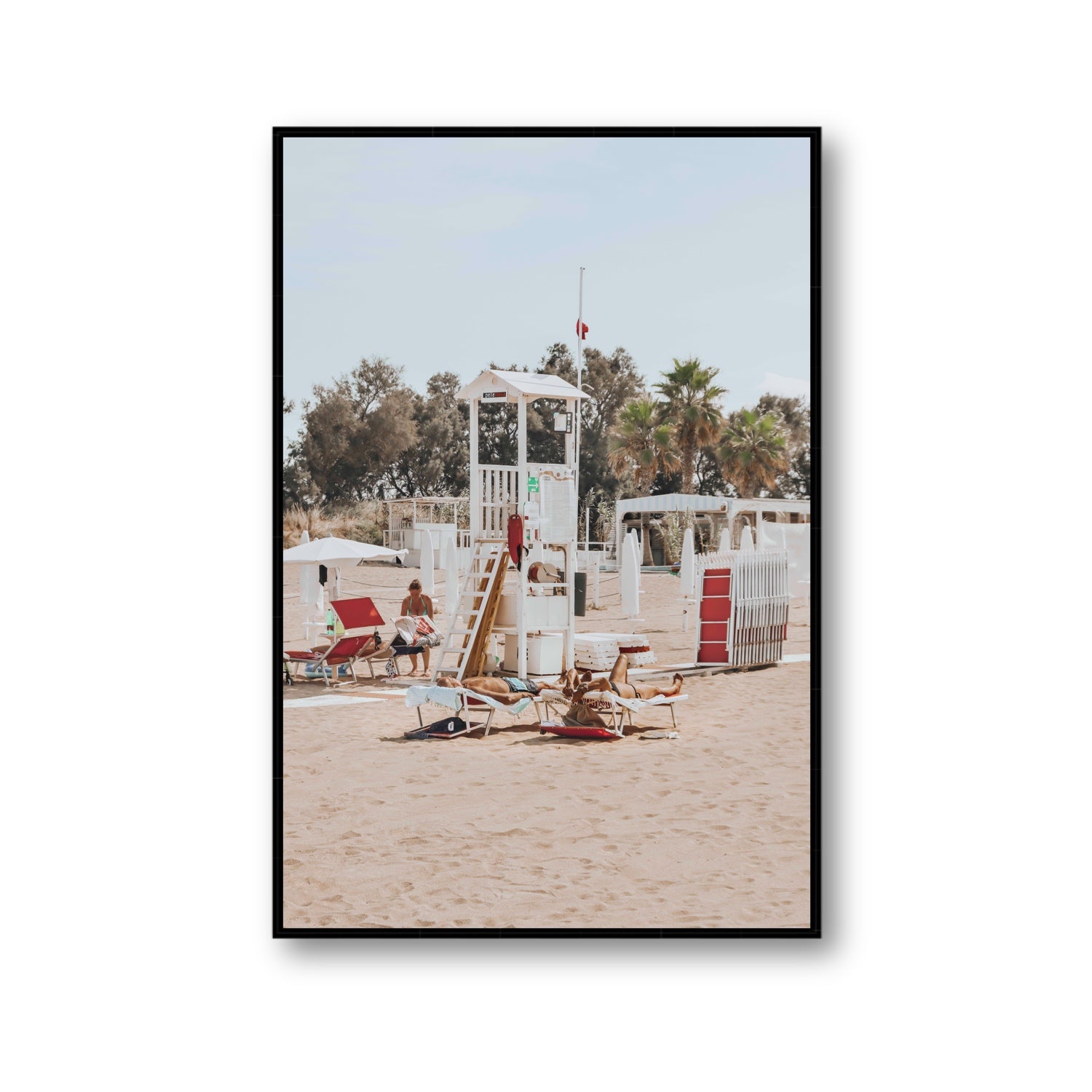 Red Lounge Reverie Puglia beach coastal wall art Gallery fine art canvas in black float frame