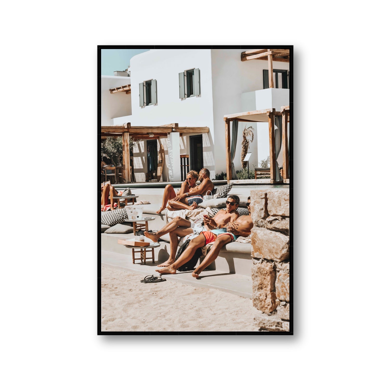 Style That Sizzles Mykonos Greek island wall art Gallery fine art canvas in black float frame