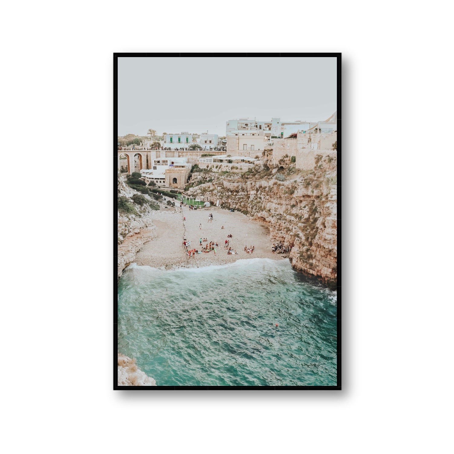 Polignano Vista Puglia coastal Italian beach fine art print Gallery fine art canvas in black float frame