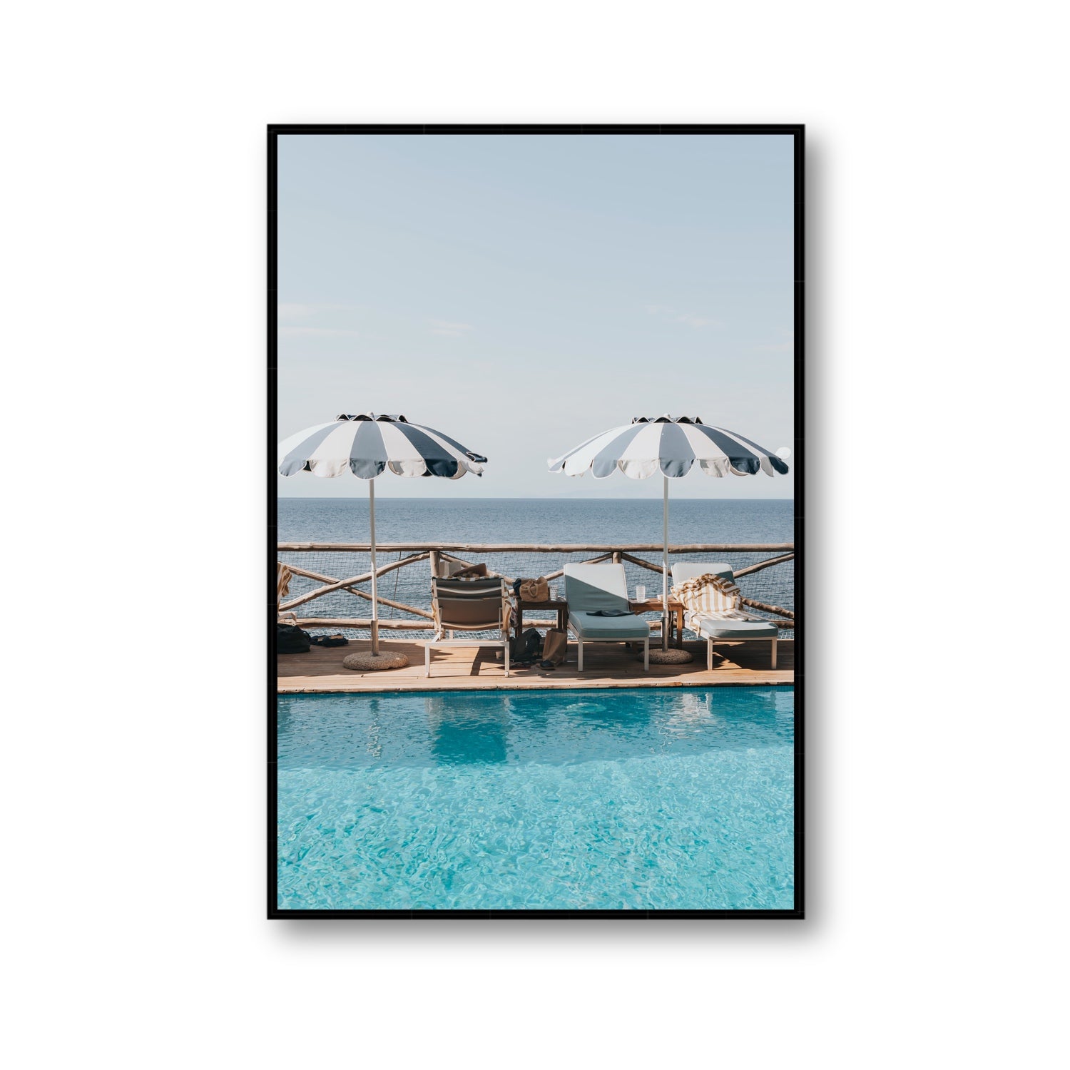 Beach Retreat fine art print, Ischia, Italy, european beach clubs artwork, Gallery, Black Float Frame, Fine Art Canvas