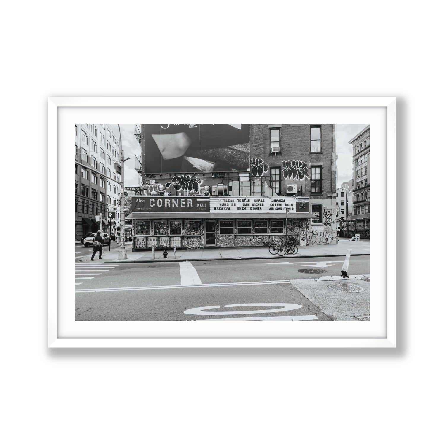 Kenmare Street New York NYC Black & White wall art Giant fine art print in white frame with matboard