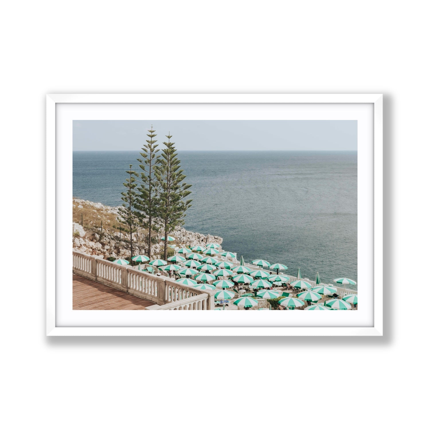 Azure Horizon Puglia beach coastal wall art Giant fine art print in white frame with matboard