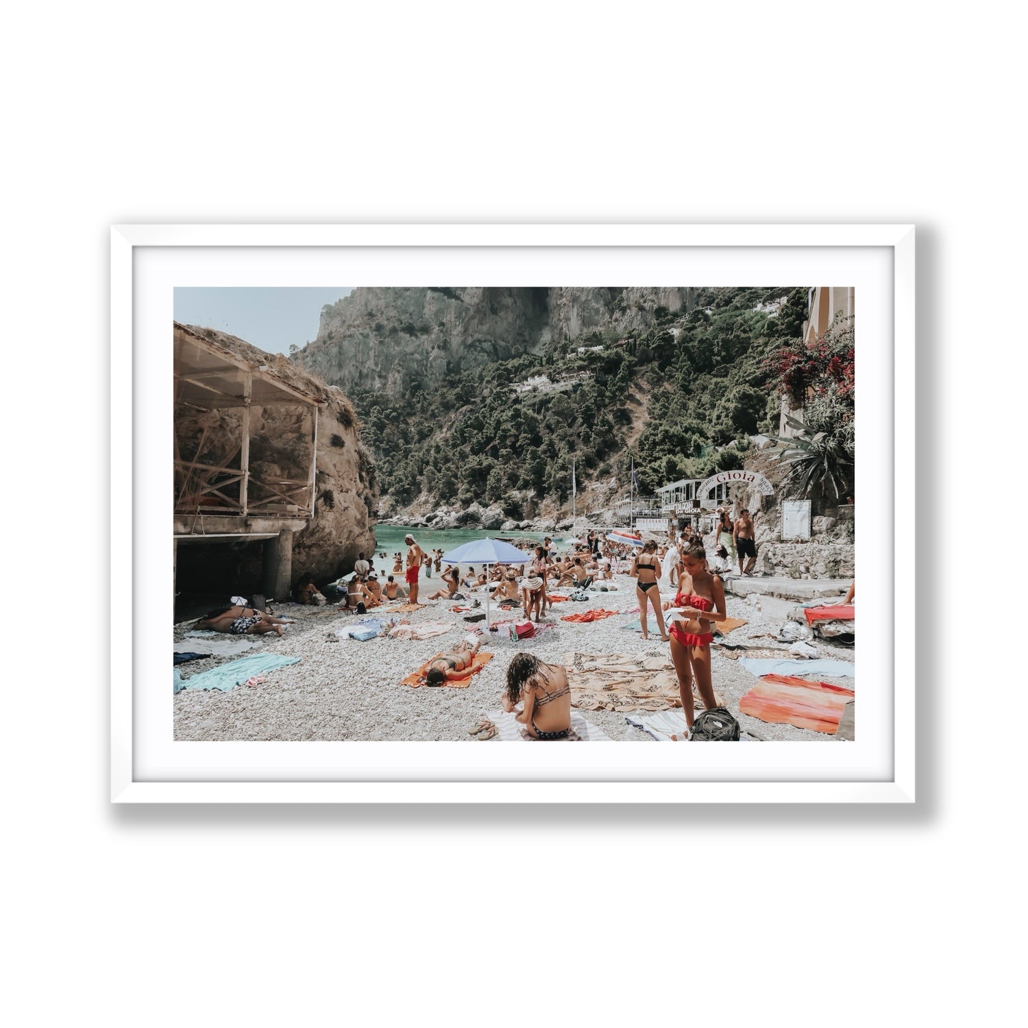 Spiaggia Da Gioia Capri beach coastal wall art Giant fine art print in white frame with matboard