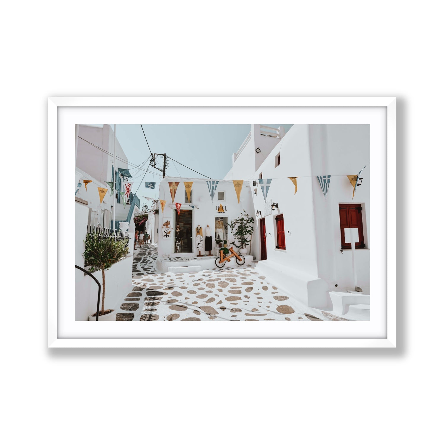 Cruising The Streets Mykonos Greek island wall art Giant fine art print in white frame with matboard