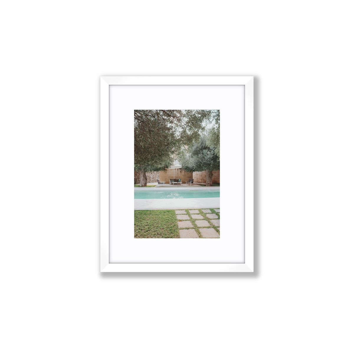 Idyllic Escape Puglia Mediterranean wall art Small fine art print in white frame with matboard