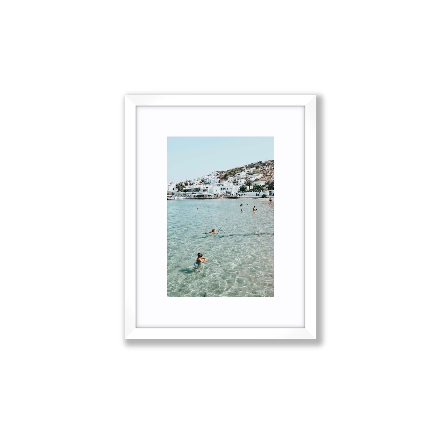 Beside The Seaside Mykonos beach Greek island wall art Small fine art print in white frame with matboard