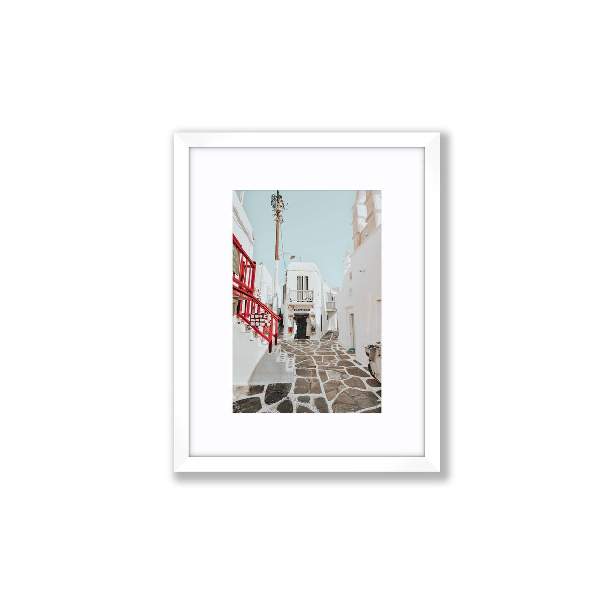 Happiness Mykonos Greek island wall art Small fine art print in white frame with matboard