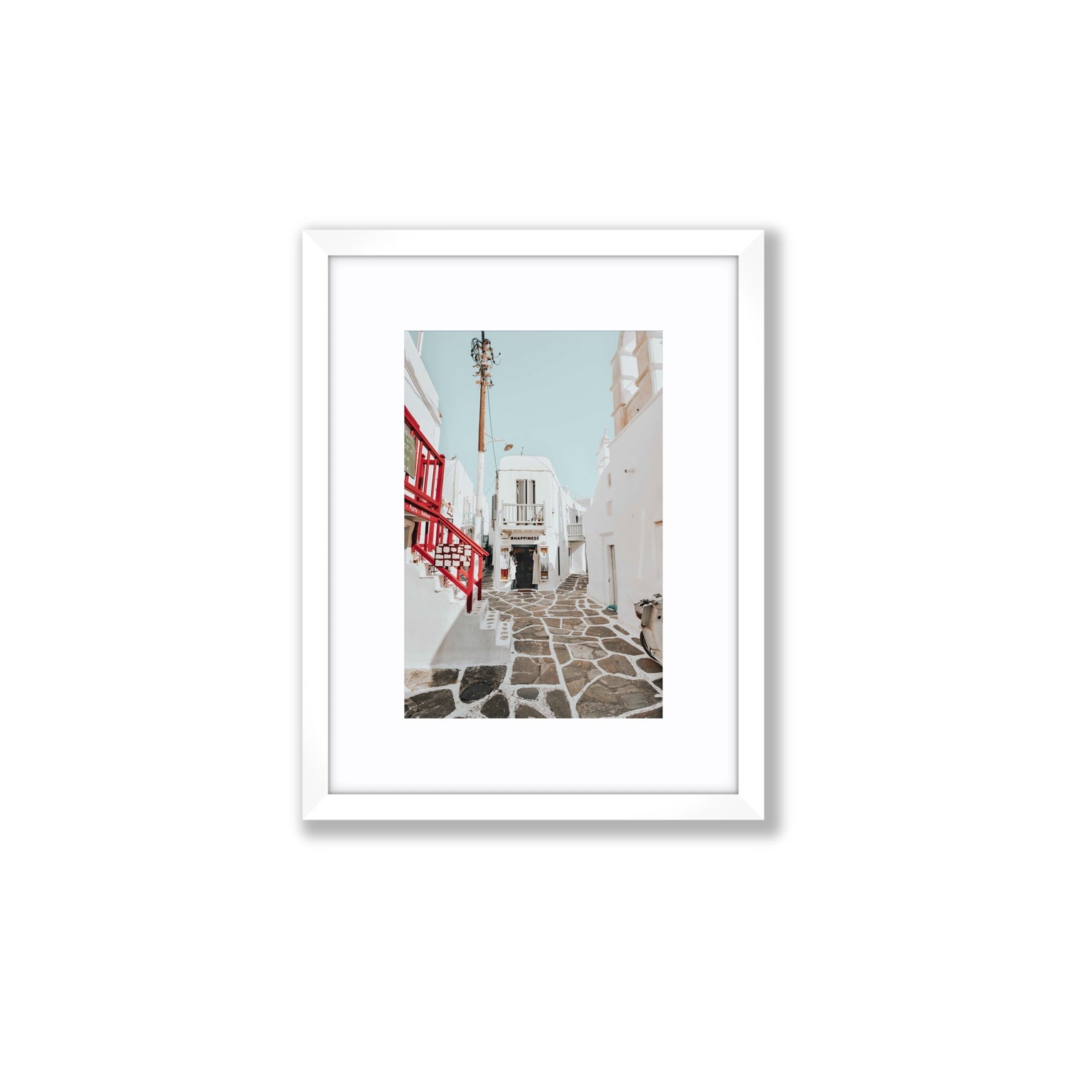Happiness Mykonos Greek island wall art Small fine art print in white frame with matboard