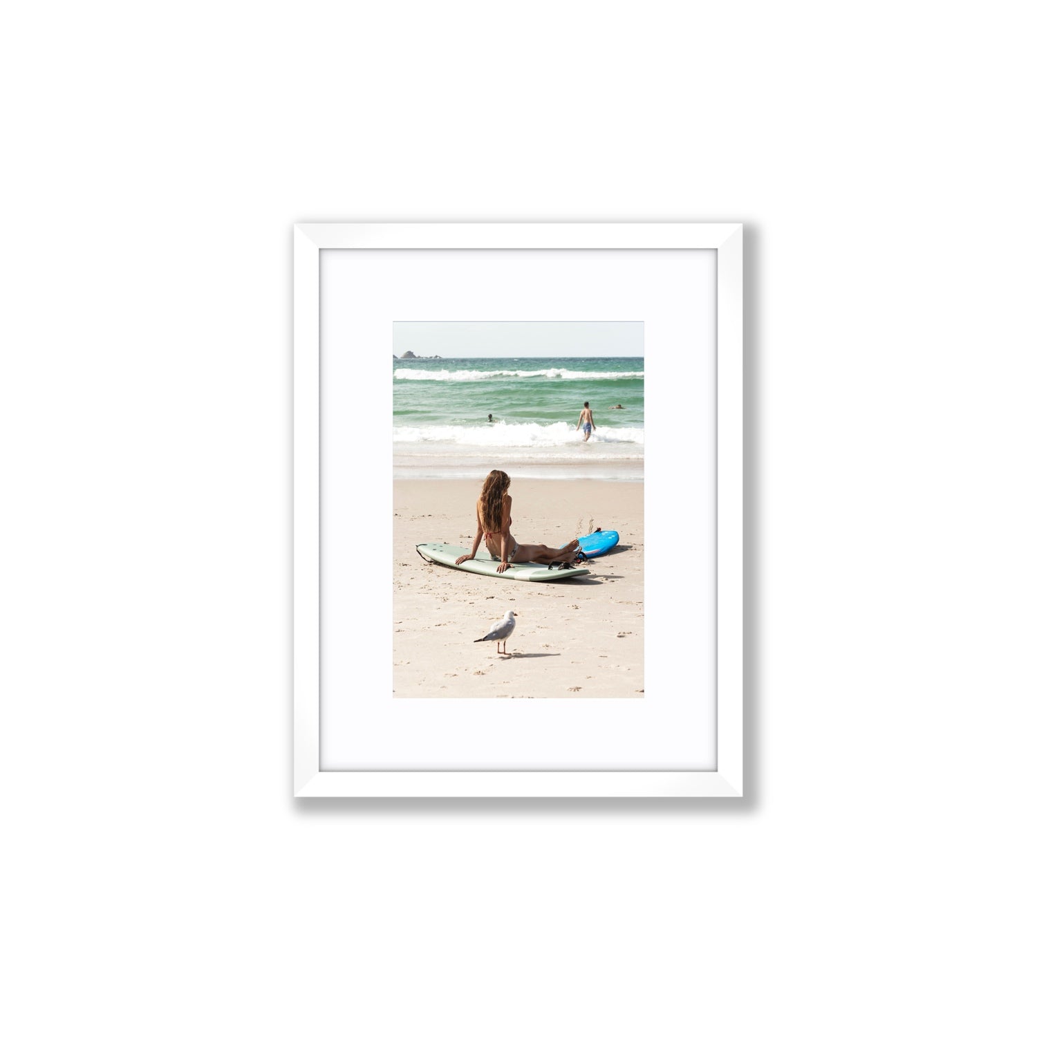 Carissa Byron Bay Surf coastal wall art Small fine art print in white frame with matboard