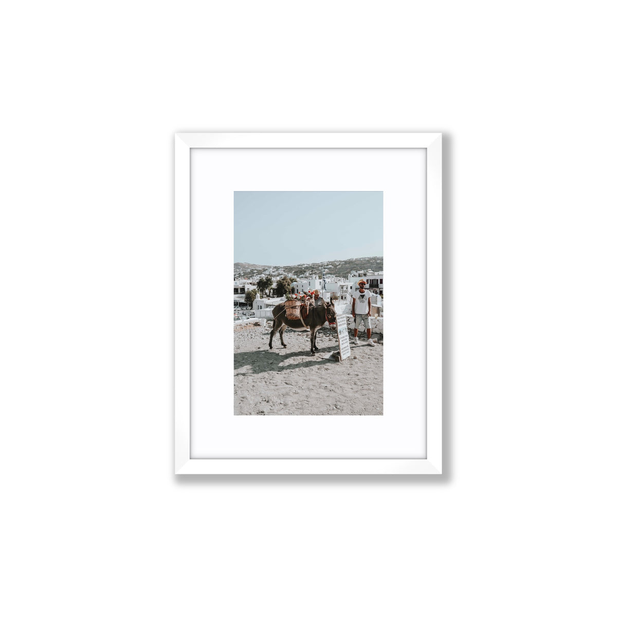 Let The Journey Begin Mykonos Greek island wall art Small fine art print in white frame with matboard