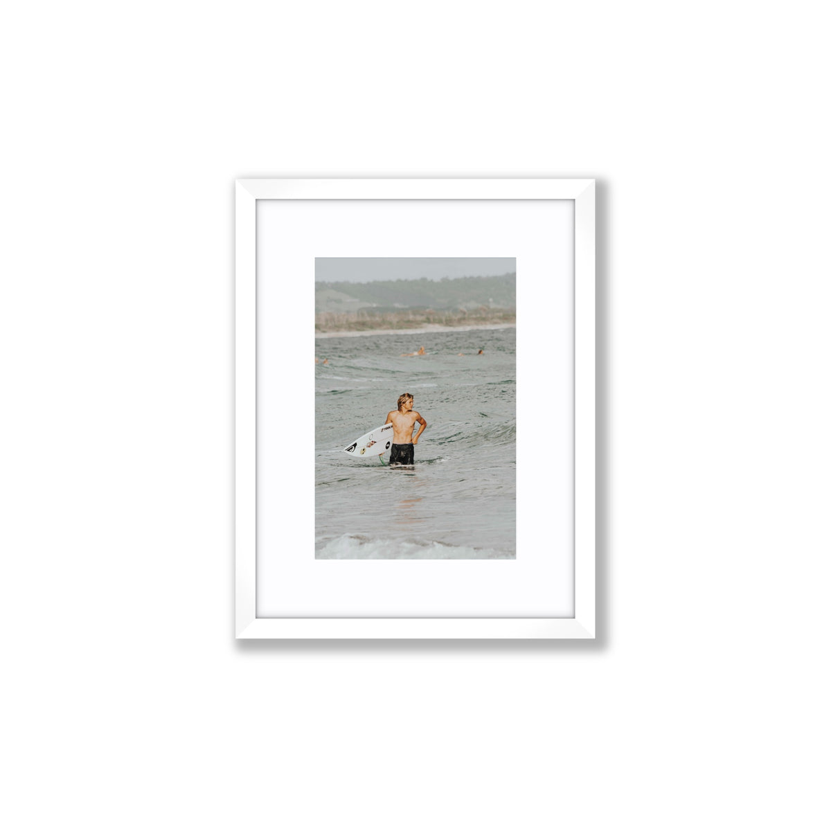 Chasing Mavericks Byron Bay Surf coastal wall art Small fine art print in white frame with matboard