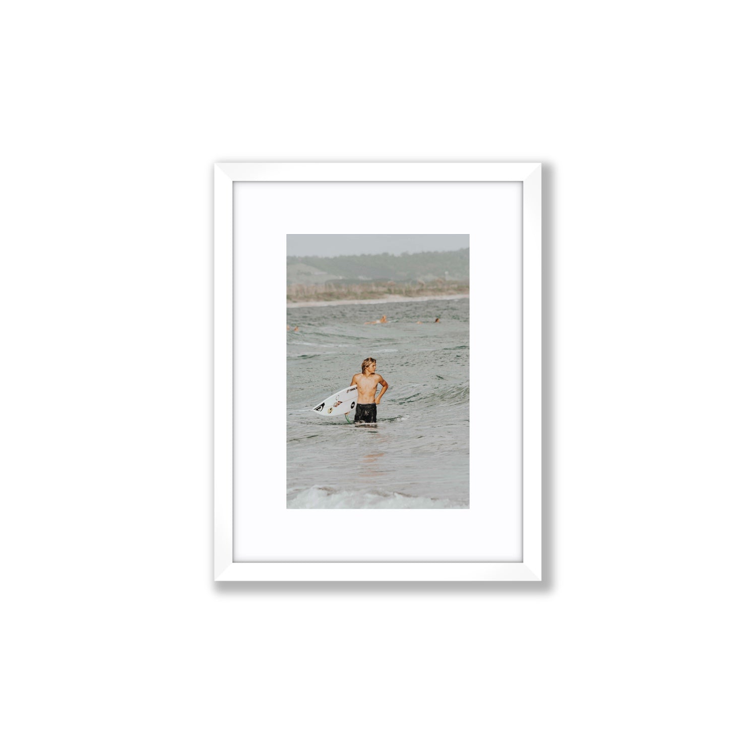 Chasing Mavericks Byron Bay Surf coastal wall art Small fine art print in white frame with matboard