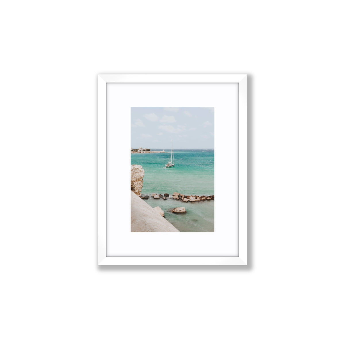 Seafarer's Dream Puglia Seafarer’s Dream coastal wall art Small fine art print in white frame with matboard