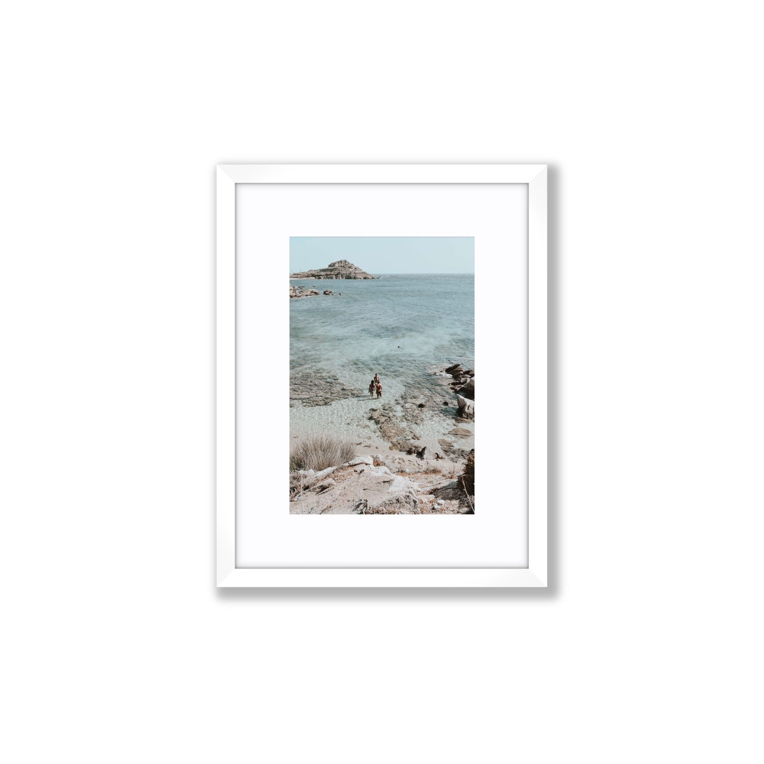 Island Life Mykonos coastal Greek island wall art Small fine art print in white frame with matboard