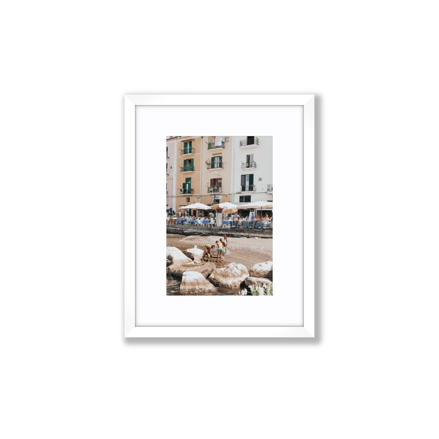 Sunny Playtime Sorrento coastal wall art Small fine art print in white frame with matboard