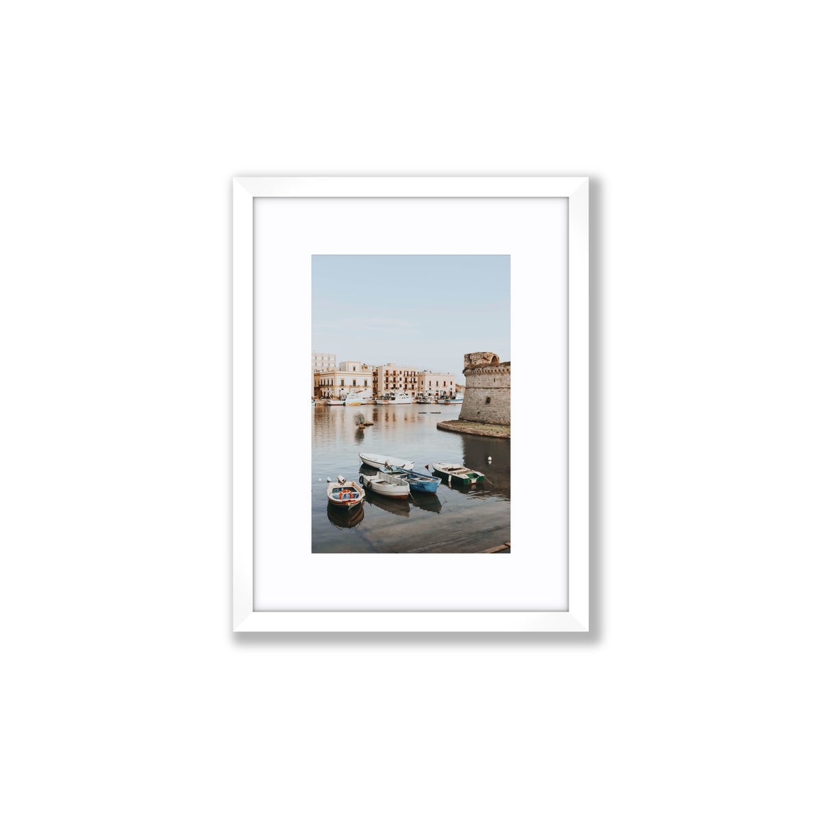 Gallipoli Harbour Puglia coastal wall art Small fine art print in white frame with matboard
