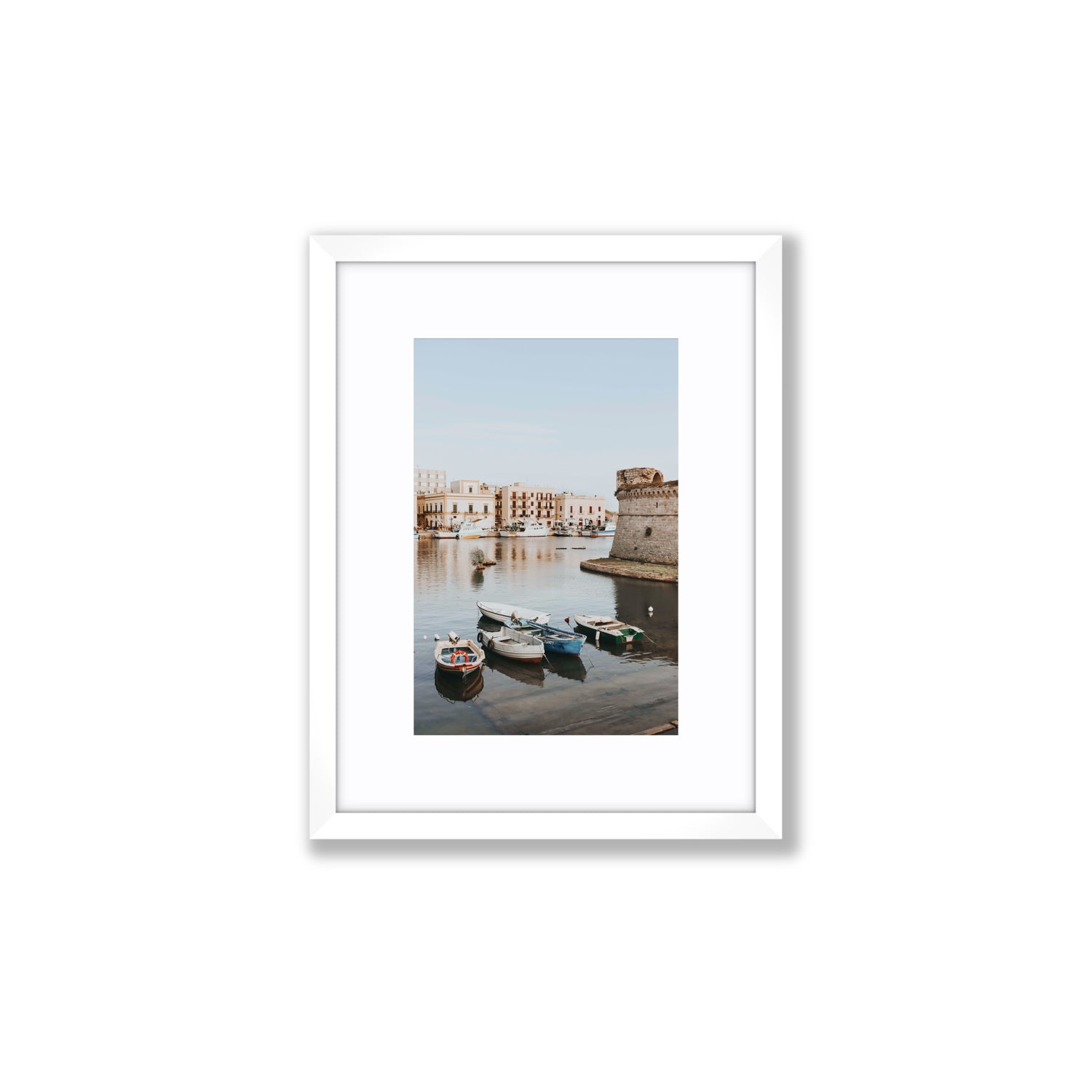 Gallipoli Harbour Puglia coastal wall art Small fine art print in white frame with matboard