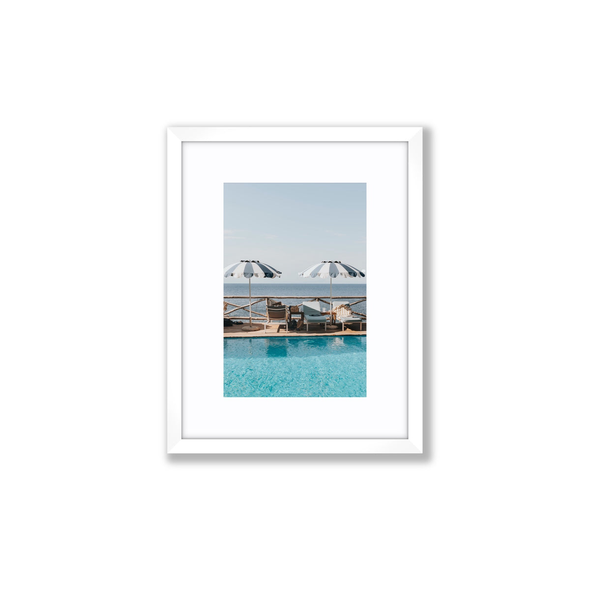 Beach Retreat fine art print, Ischia, Italy, european beach clubs artwork, Small, White Frame · Matboard, Fine Art Print