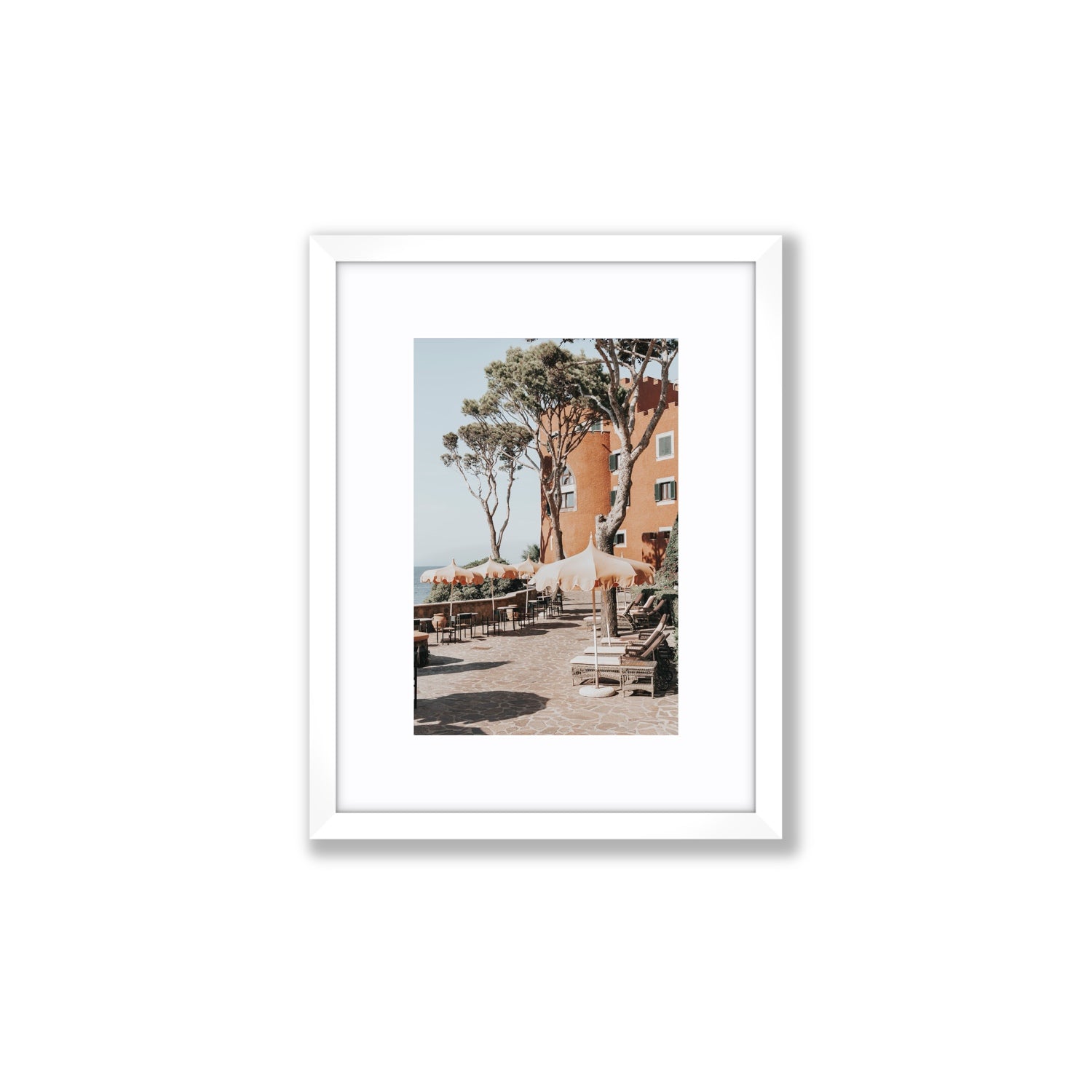 Mezzatorre Ischia Italian Mediterranean decor wall art Small fine art print in white frame with matboard