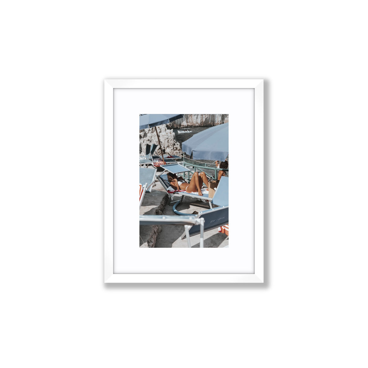 Beach Babe Capri beach Mediterranean wall art Small fine art print in white frame with matboard