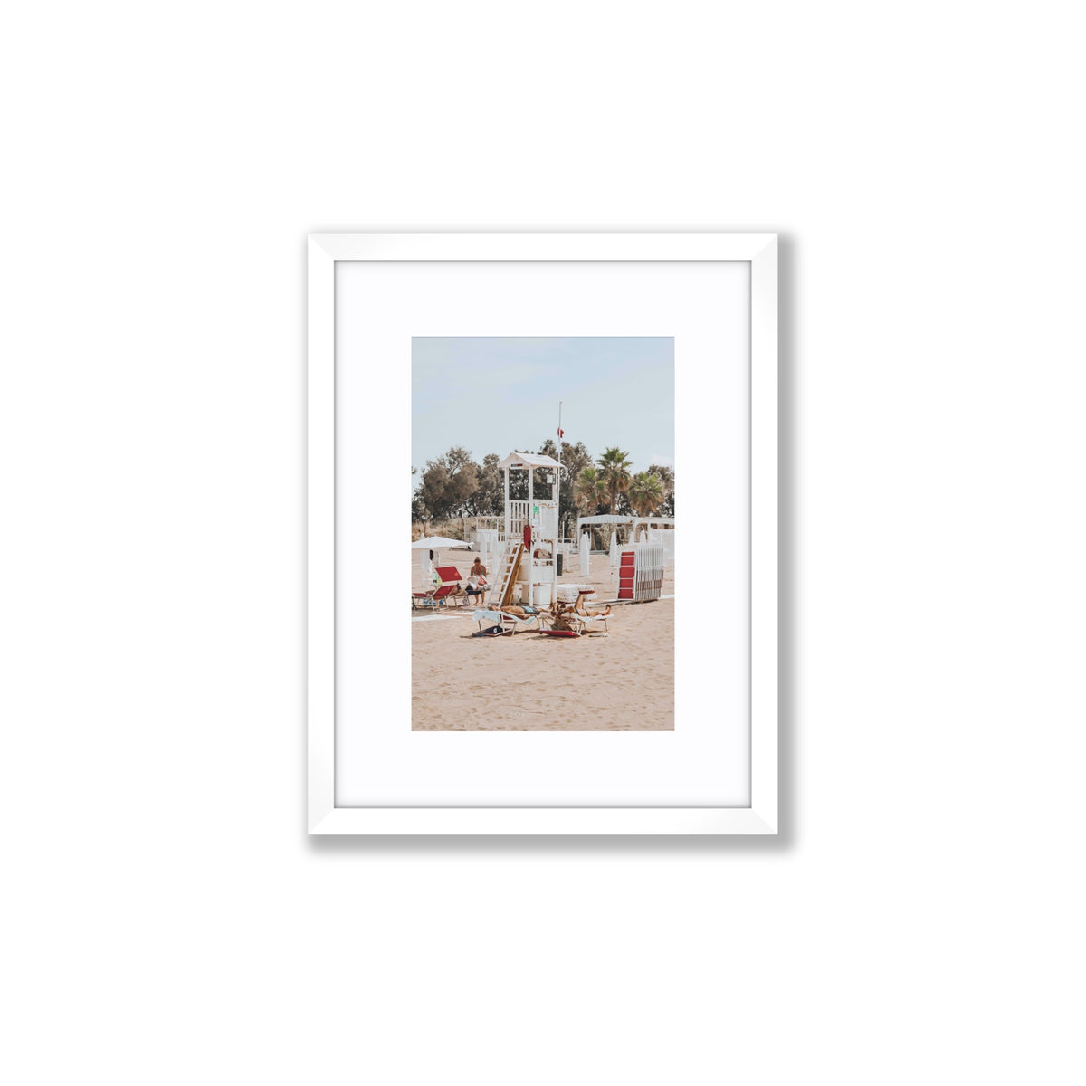 Red Lounge Reverie Puglia beach coastal wall art Small fine art print in white frame with matboard