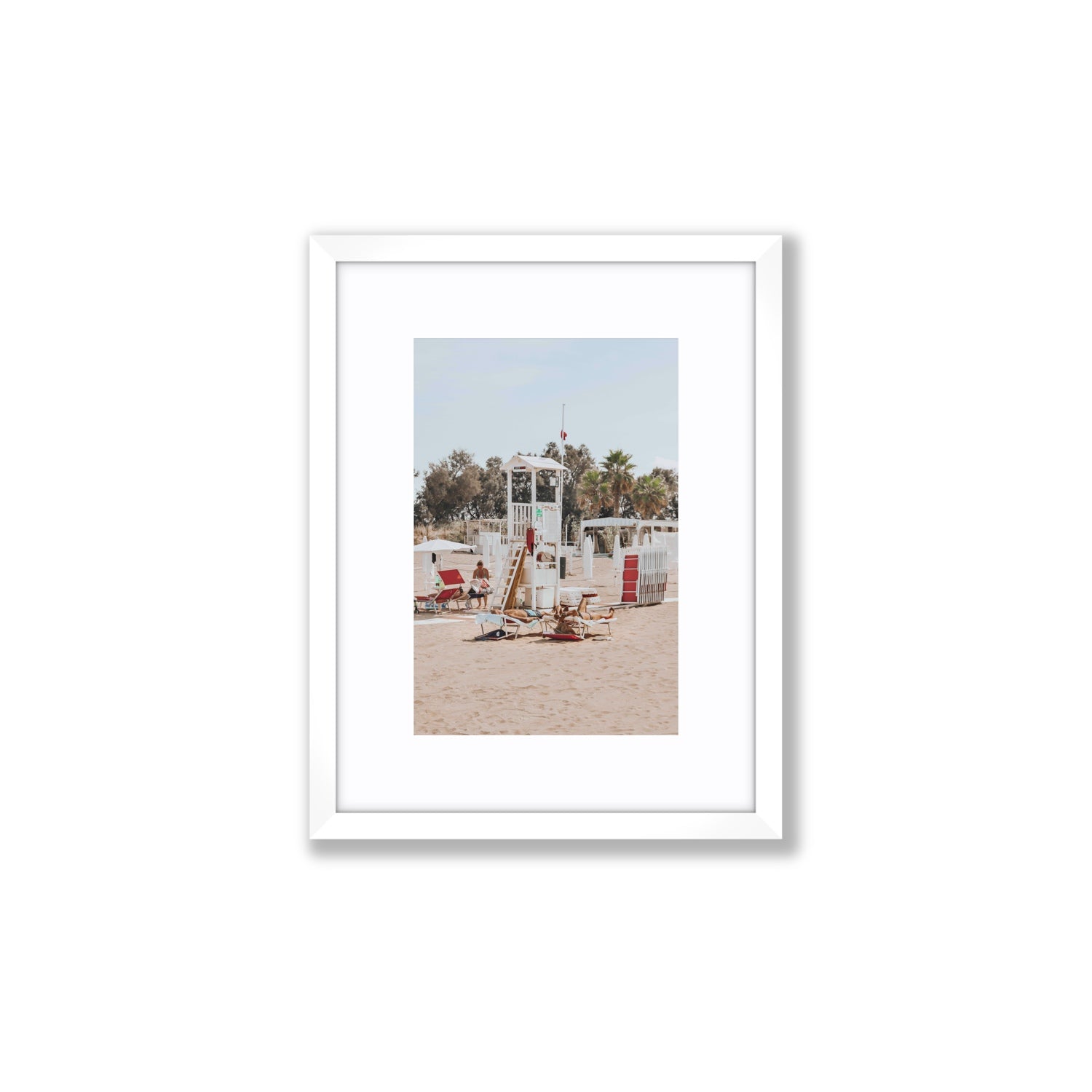 Red Lounge Reverie Puglia beach coastal wall art Small fine art print in white frame with matboard