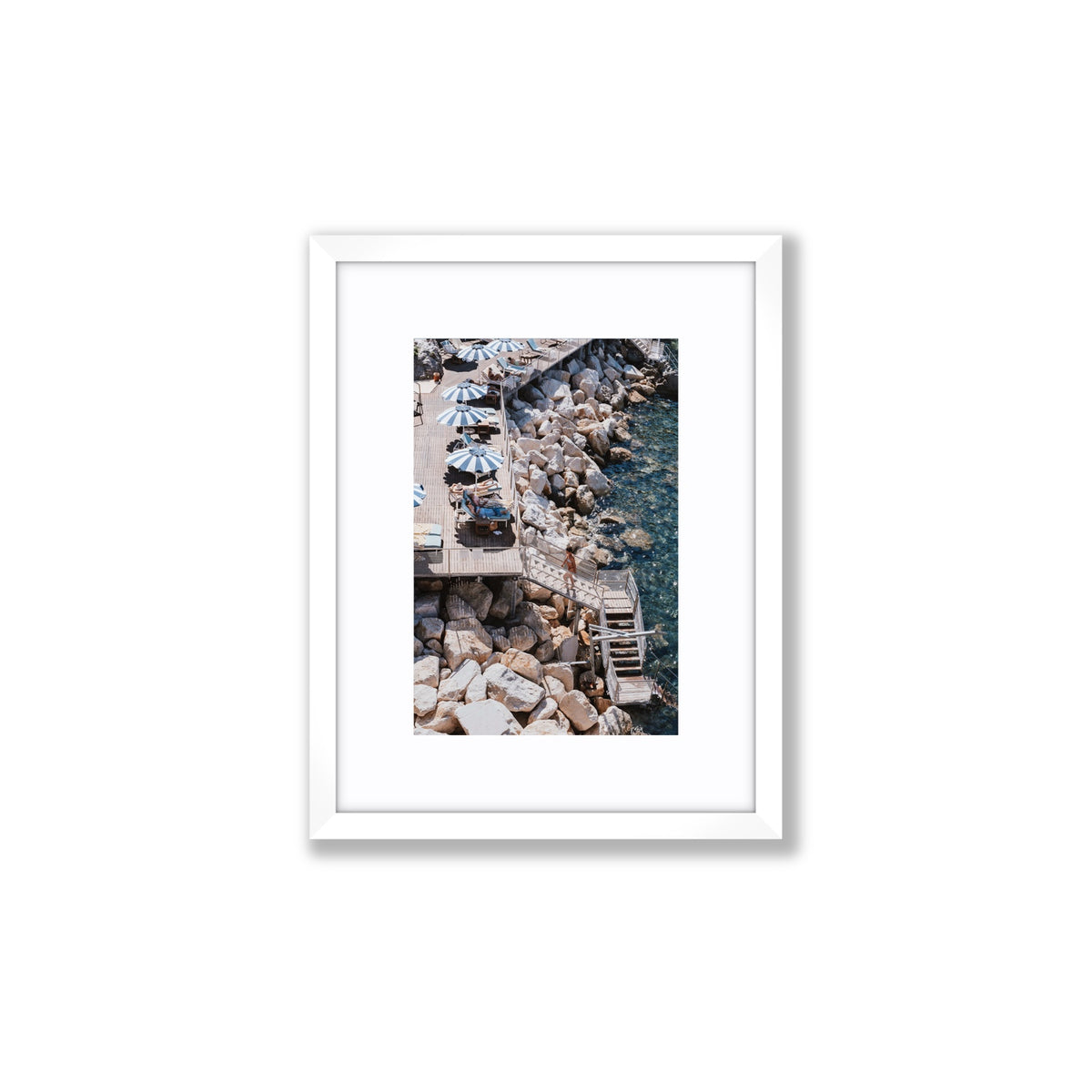 Life On The Shore Ischia Italian Mediterranean decor wall art Small fine art print in white frame with matboard