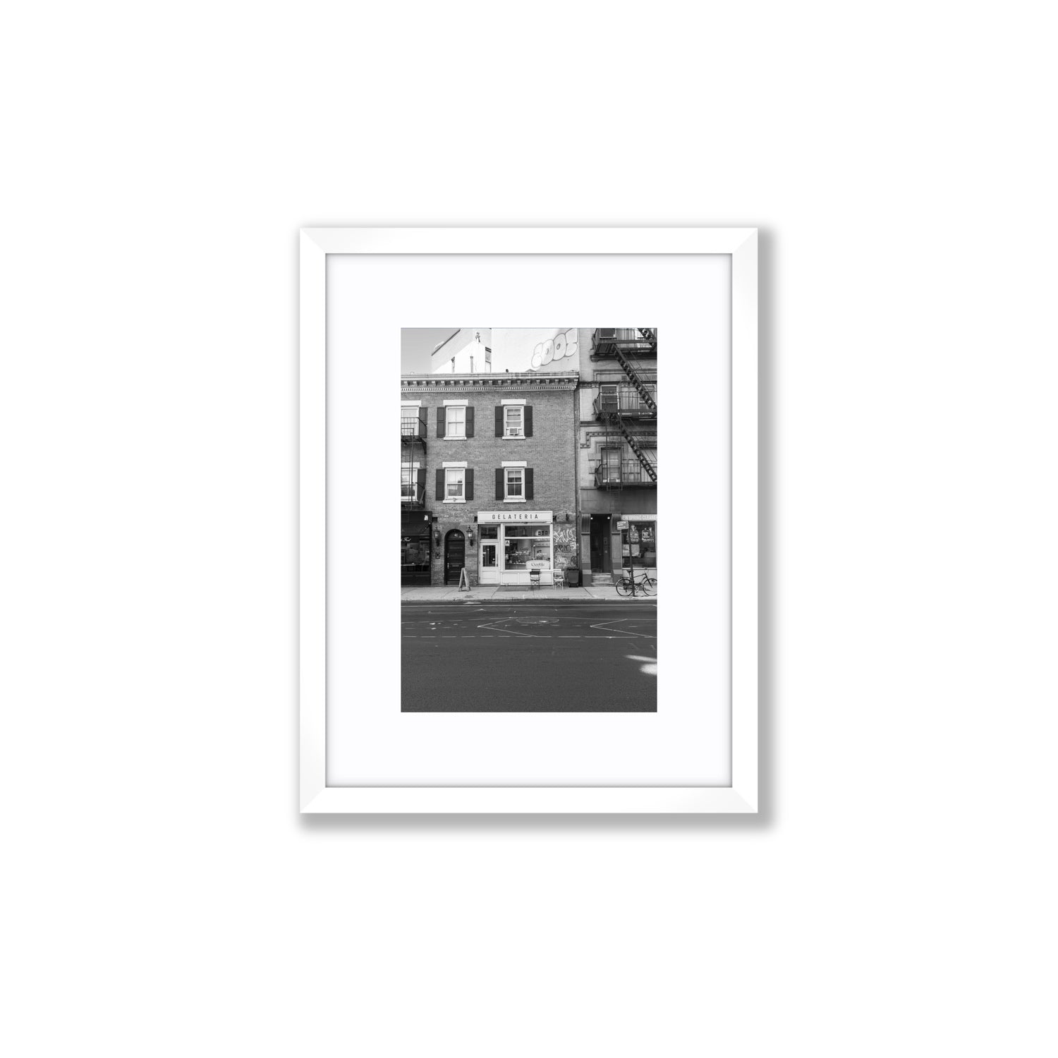Gelateria New York NYC Black & White wall art Small fine art print in white frame with matboard