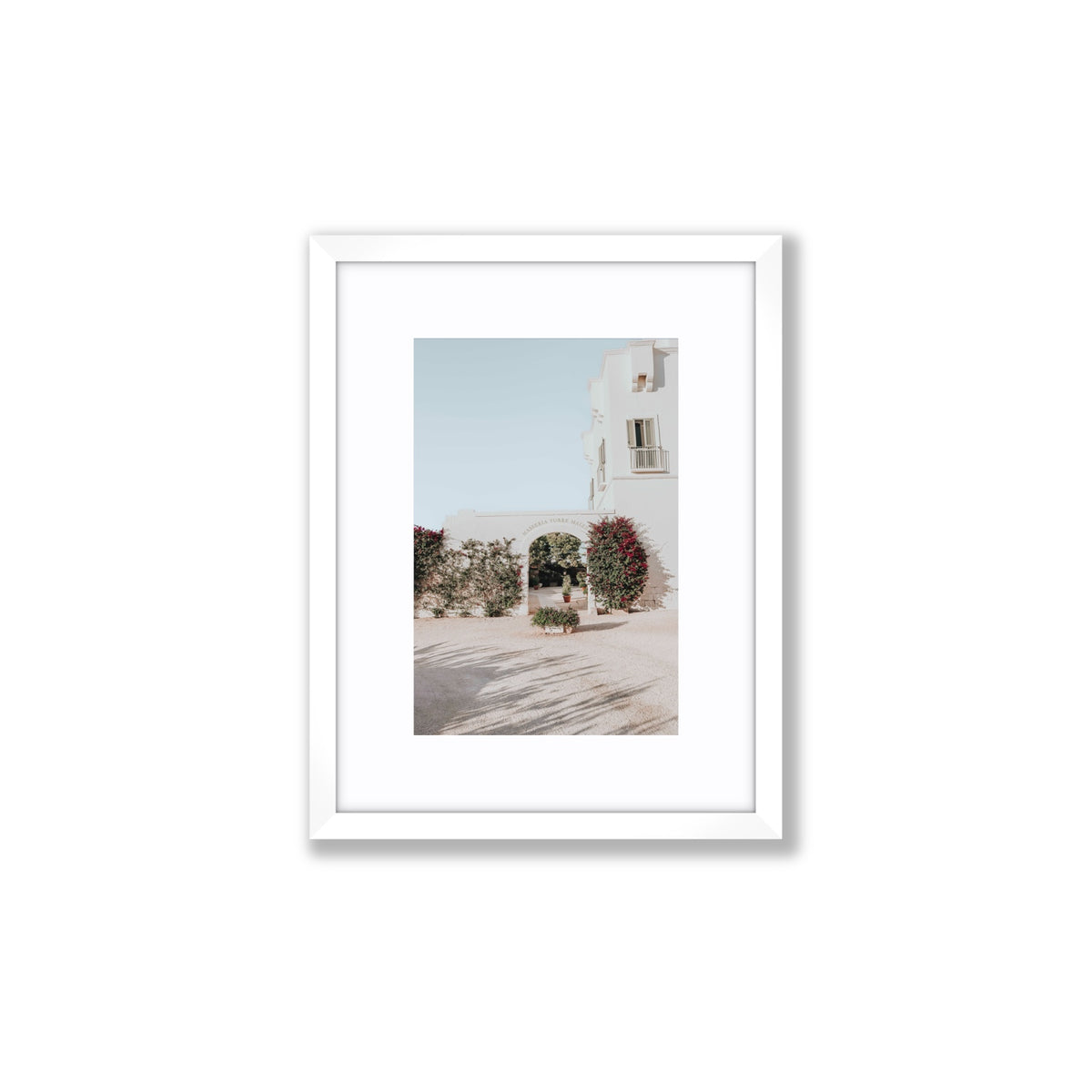 Villa Retreat Puglia Italian wall art Small fine art print in white frame with matboard