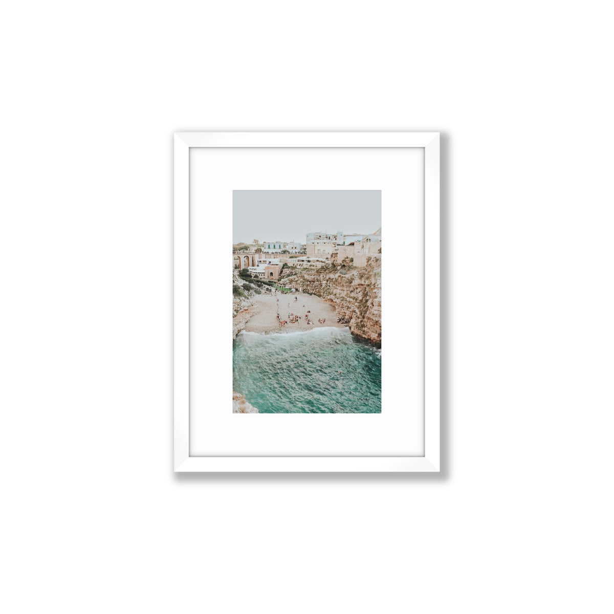 Polignano Vista Puglia coastal Italian beach fine art print Small fine art print in white frame with matboard