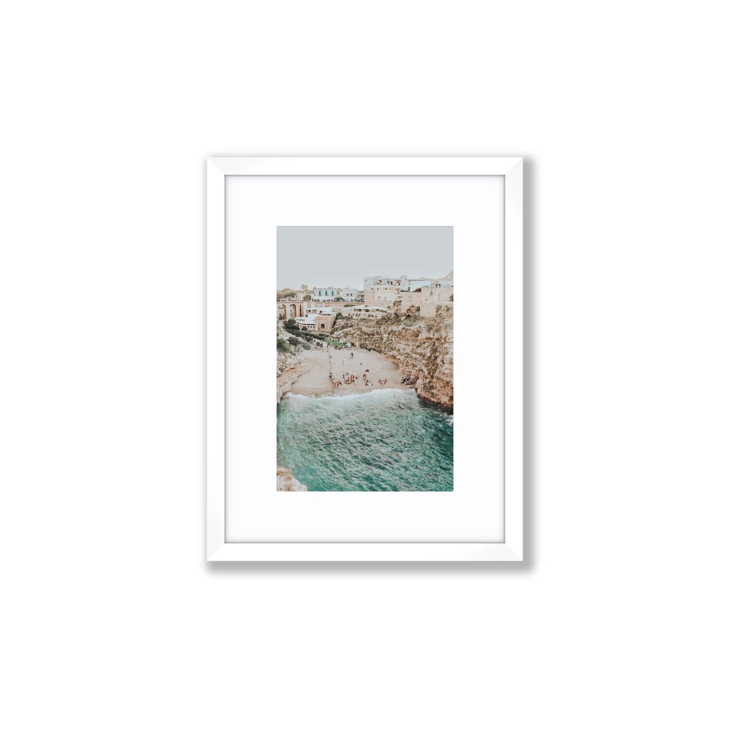 Polignano Vista Puglia coastal Italian beach fine art print Small fine art print in white frame with matboard