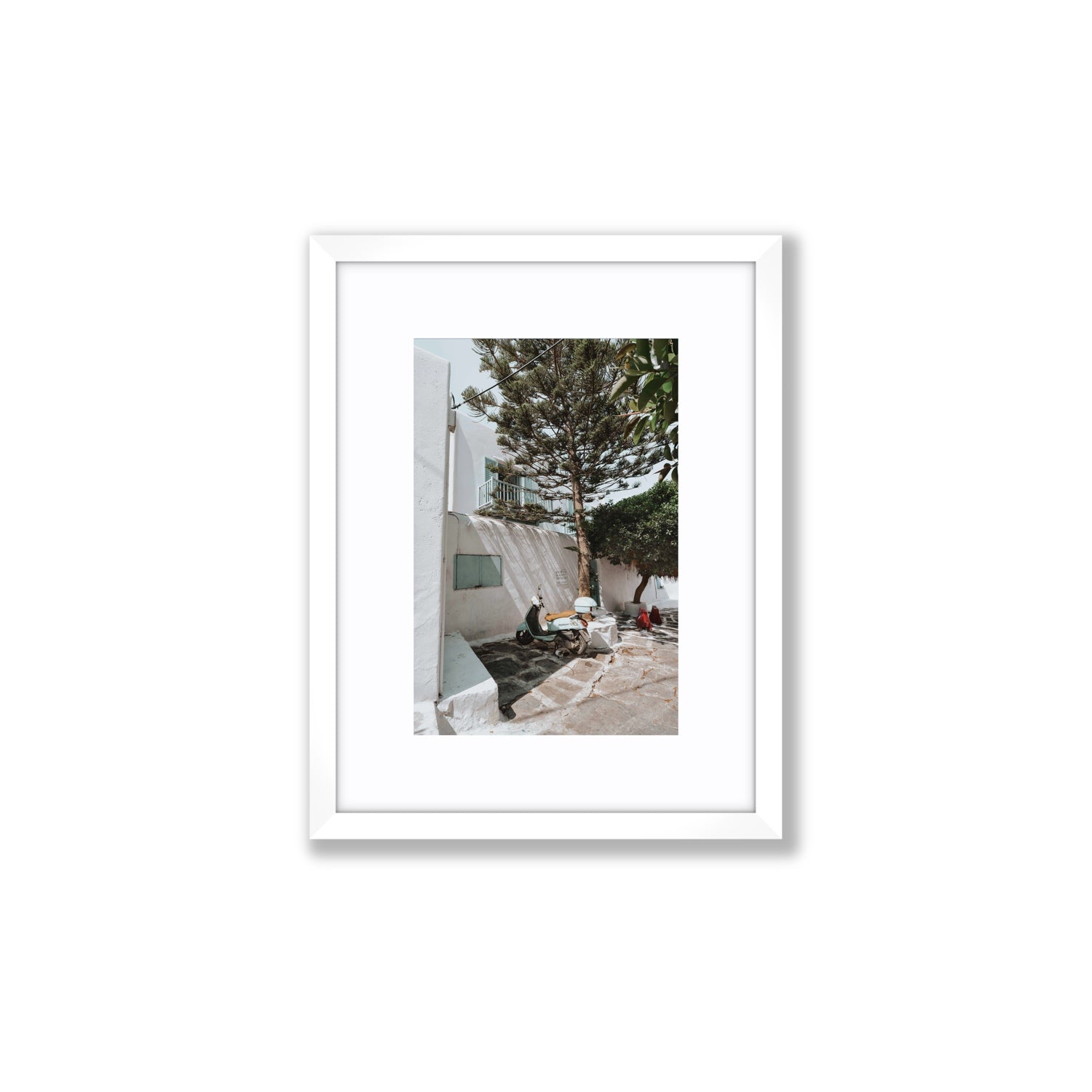 The Getaway Mykonos Mediterranean Greek island art print Small fine art print in white frame with matboard