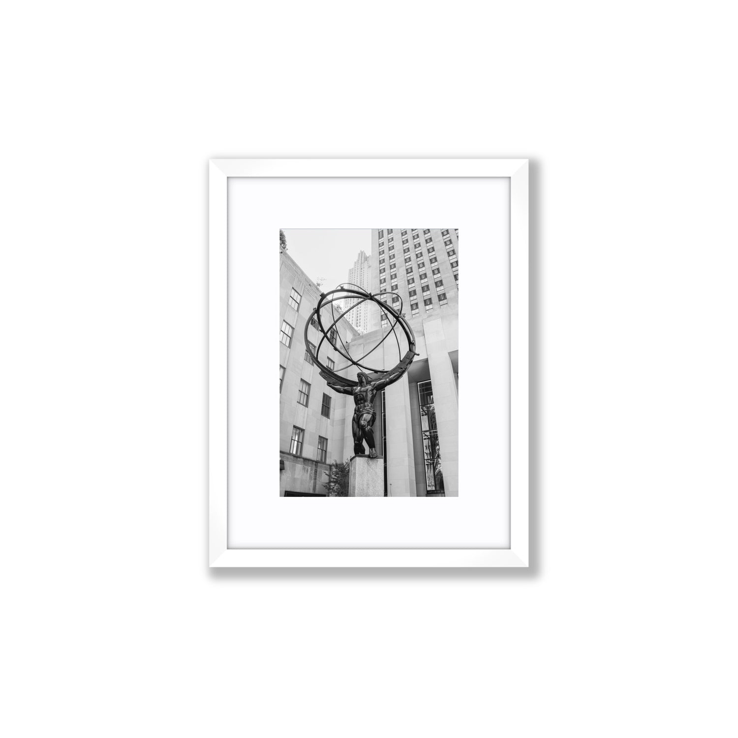 Atlas Ascends New York NYC Black & White wall art Small fine art print in white frame with matboard