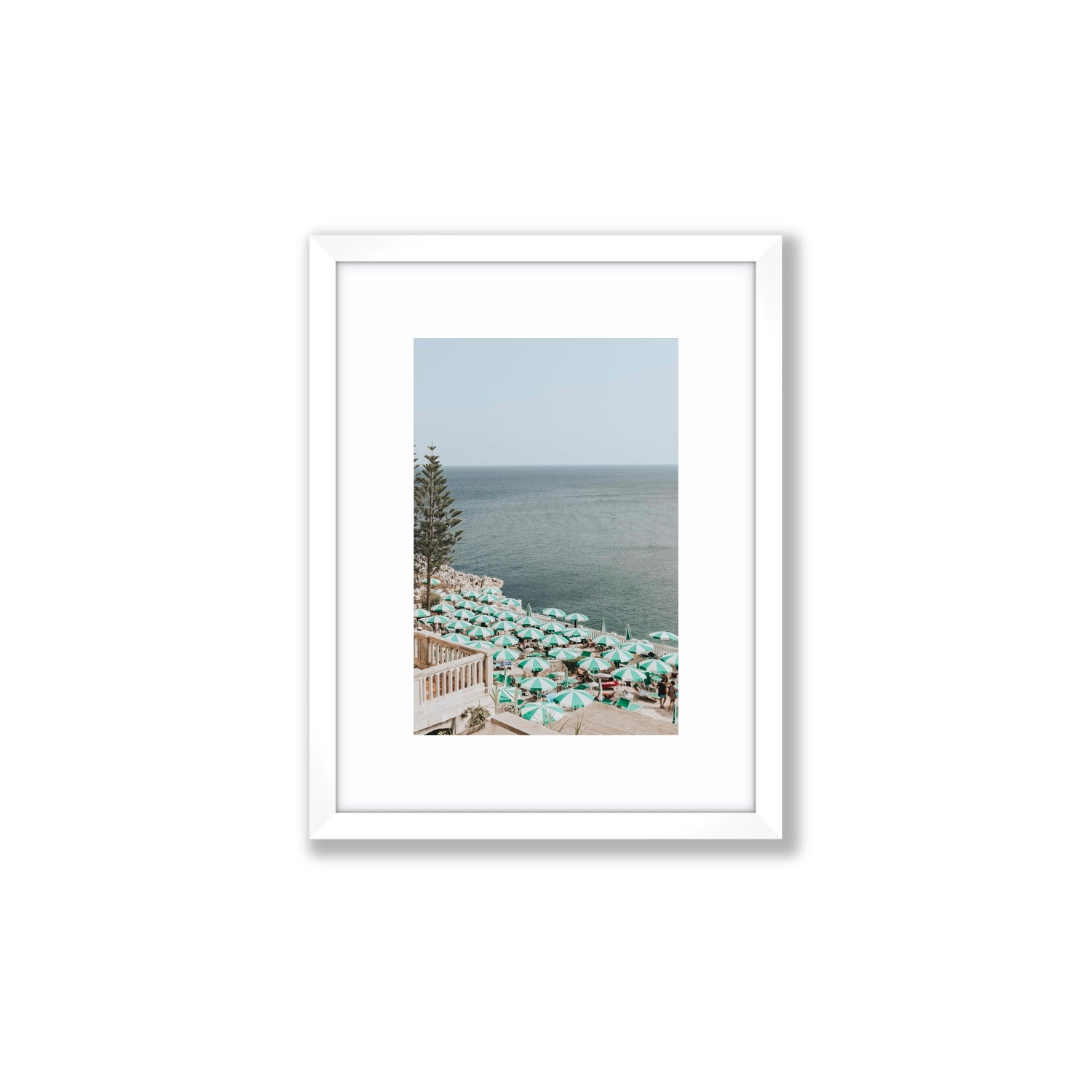 Sun-drenched Stripes Puglia beach coastal wall art Small fine art print in white frame with matboard
