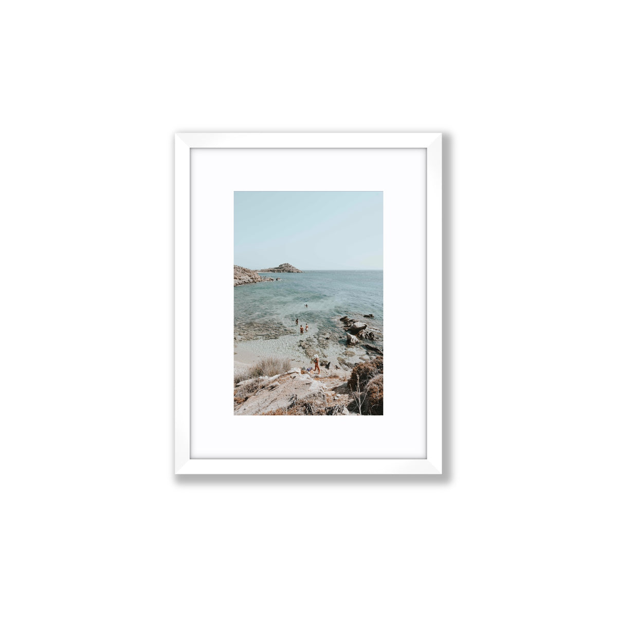 Explorers Mykonos Greek island wall art Small fine art print in white frame with matboard