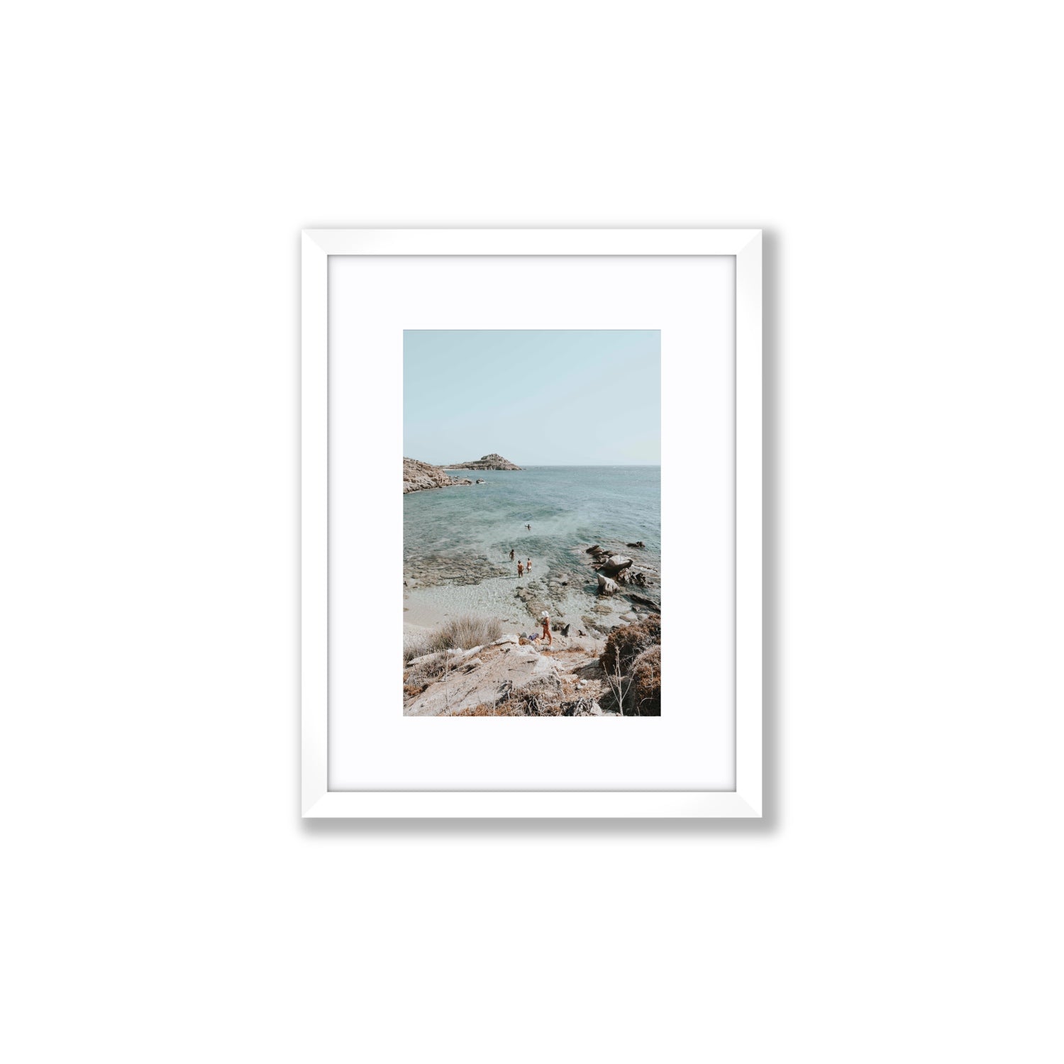 Explorers Mykonos Greek island wall art Small fine art print in white frame with matboard