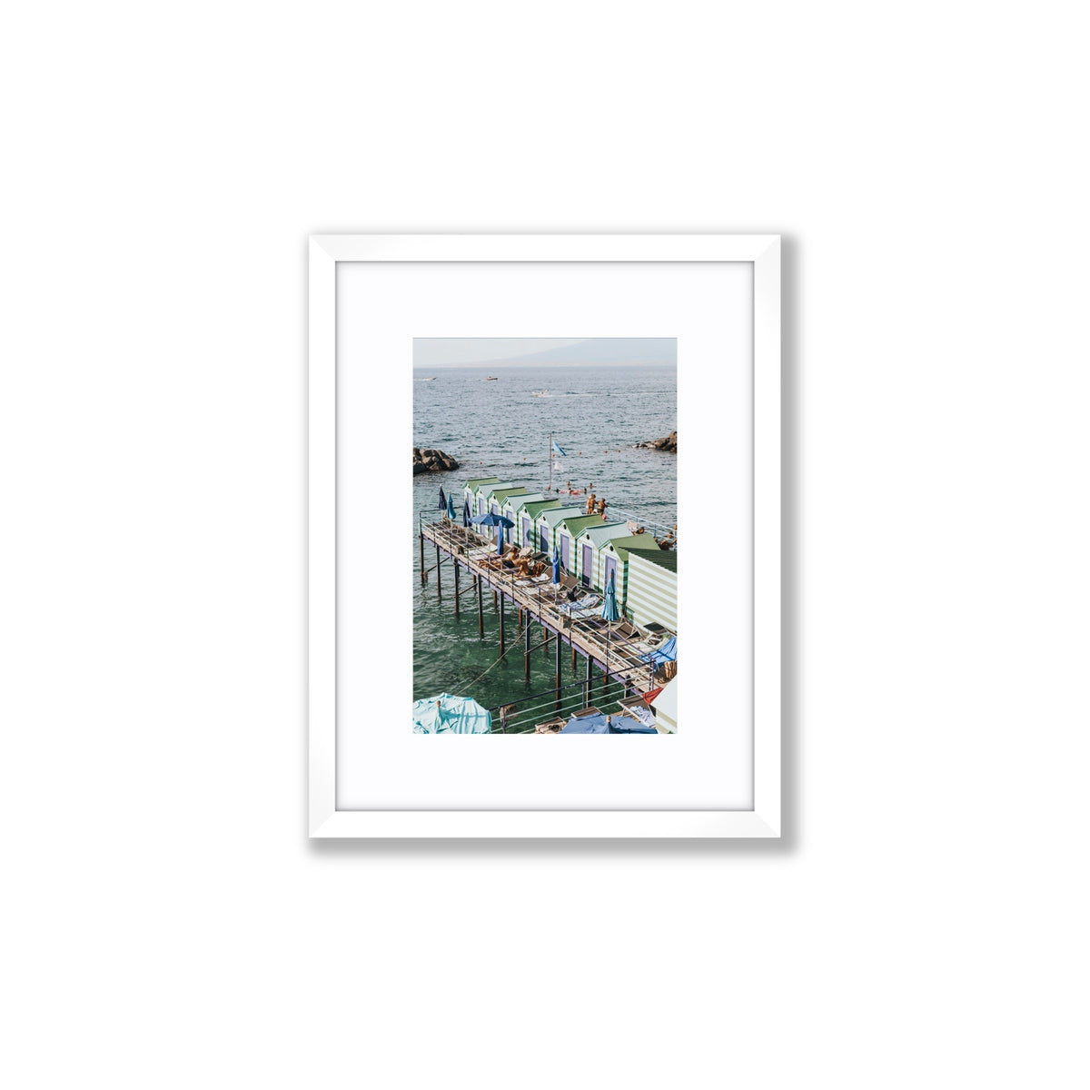 Cabine da Spiaggia Sorrento Italian beach wall art Small fine art print in white frame with matboard