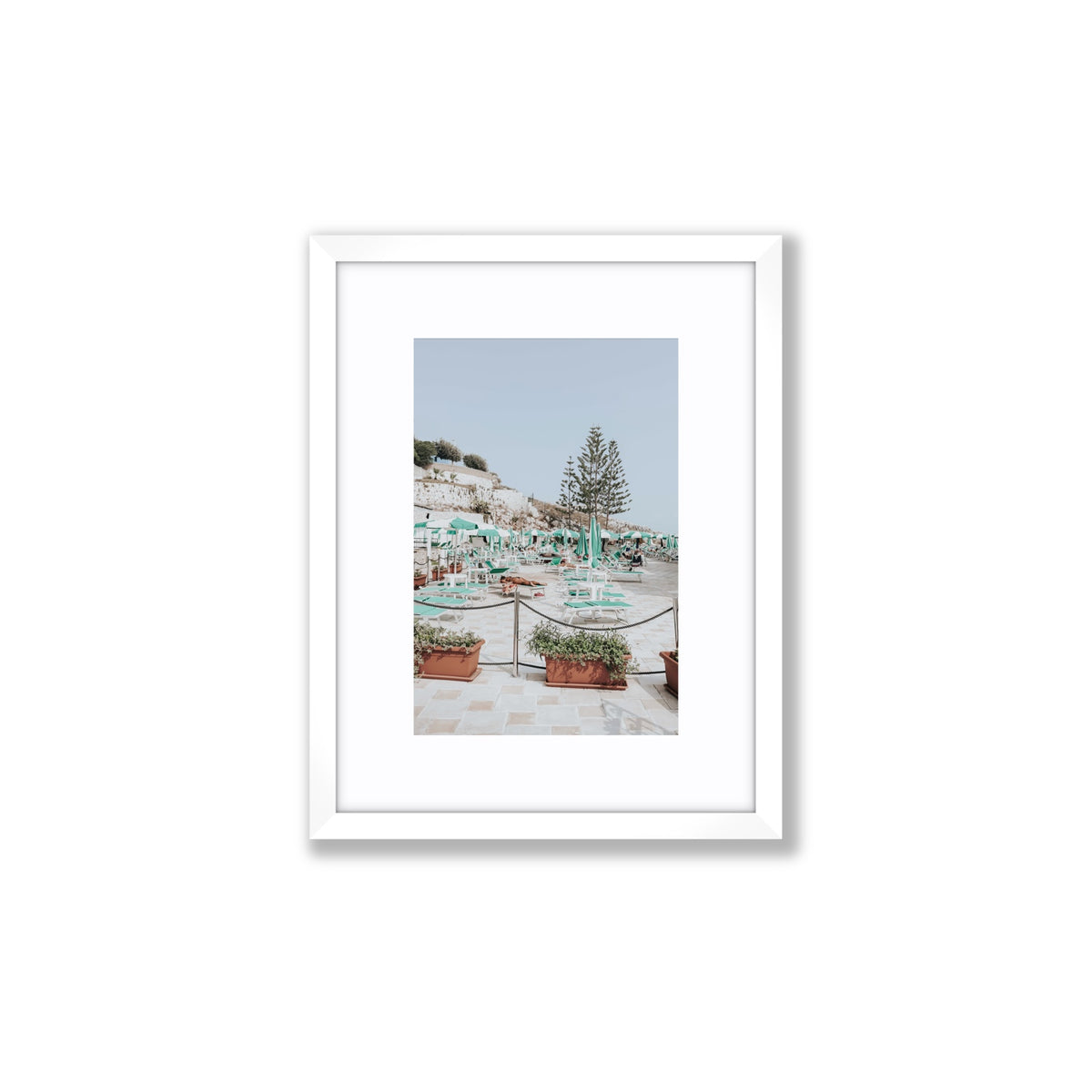 Siesta on The Terrace Puglia coastal wall art Small fine art print in white frame with matboard