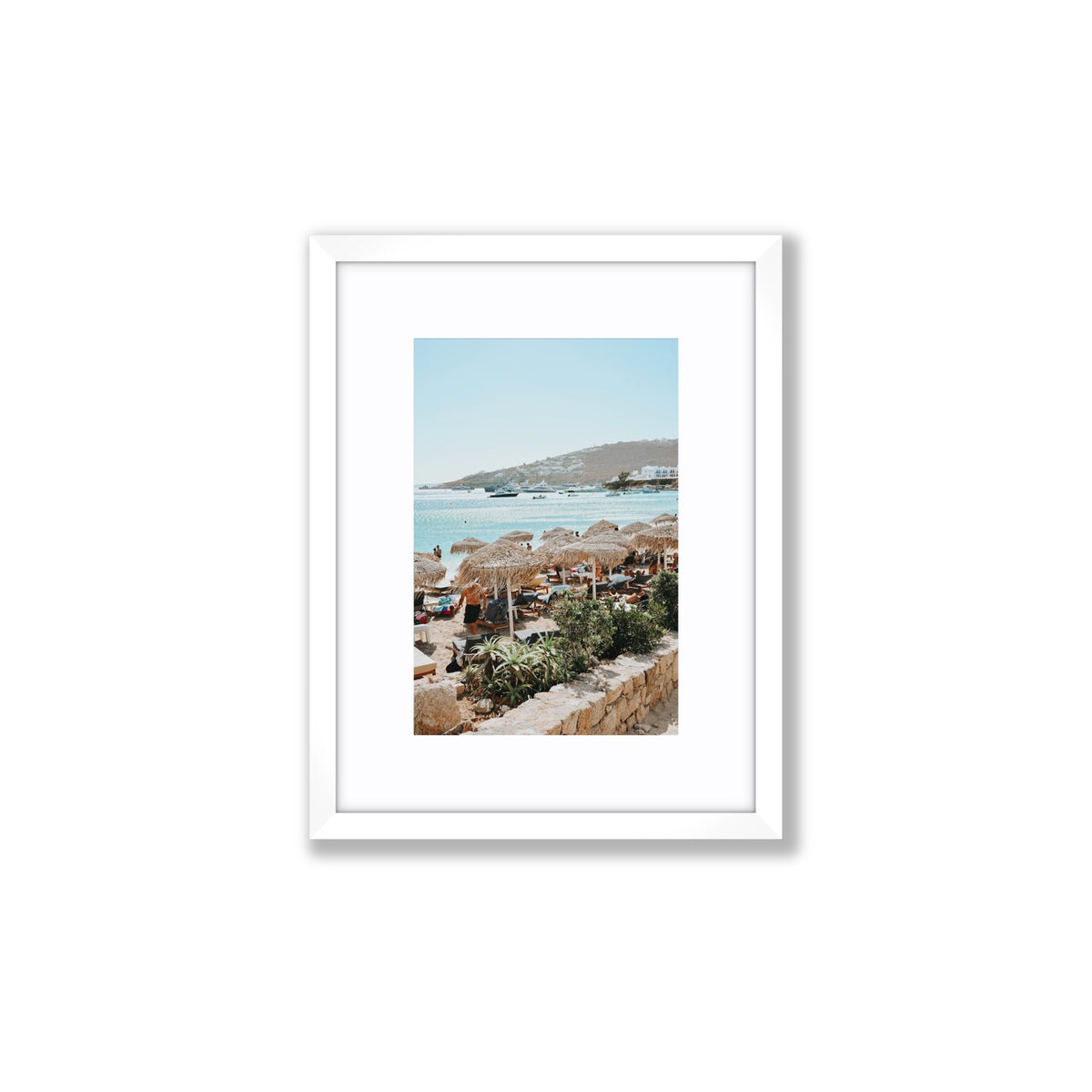 Beachside Huts Mykonos Greek island wall art Small fine art print in white frame with matboard
