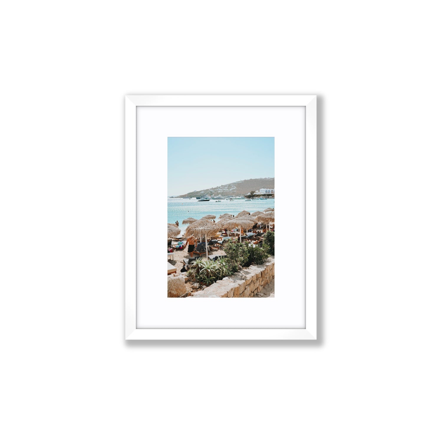Beachside Huts Mykonos Greek island wall art Small fine art print in white frame with matboard